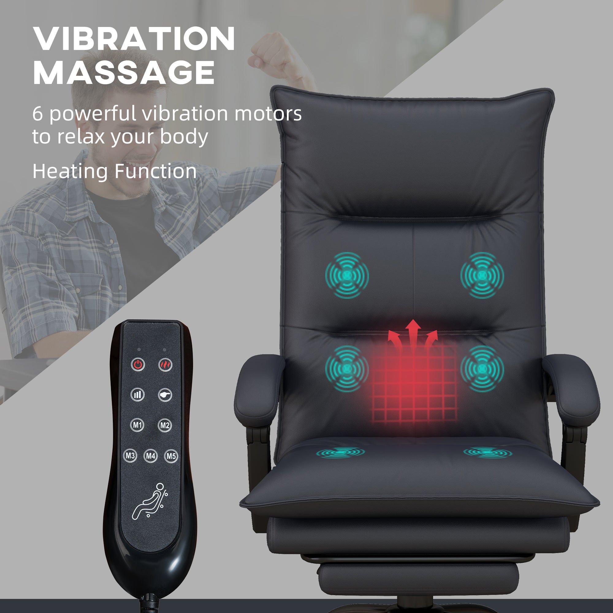Executive Massage Office Chair with 6 Vibration Points, Microfiber Computer Desk Chair, Heated Reclining Chair Gray - HOMCOM