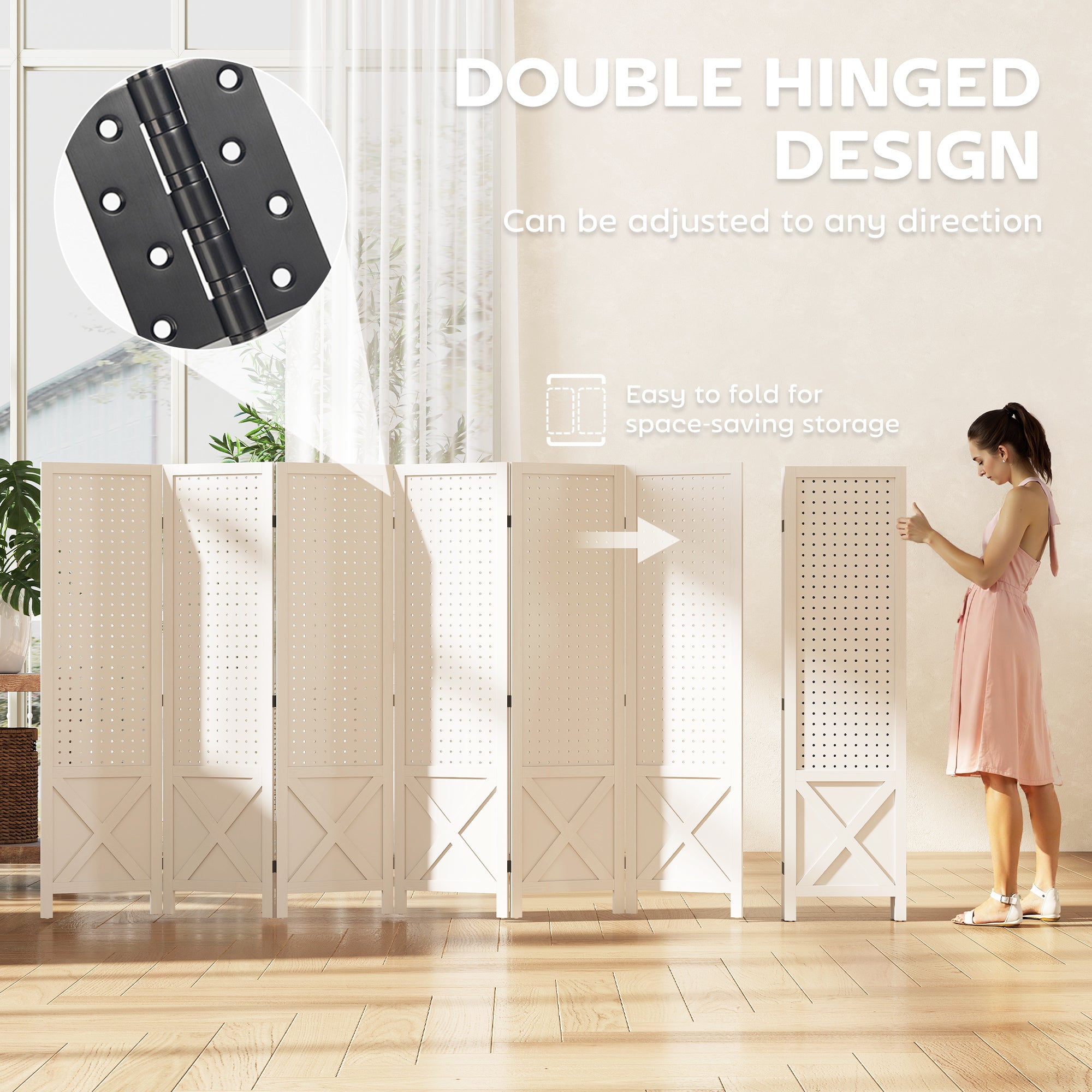 6 Panel Pegboard Display Room Divider, 56.9" Tall Wood Indoor Portable Folding Privacy Screen, Partition Wall Divider for Bedroom, White