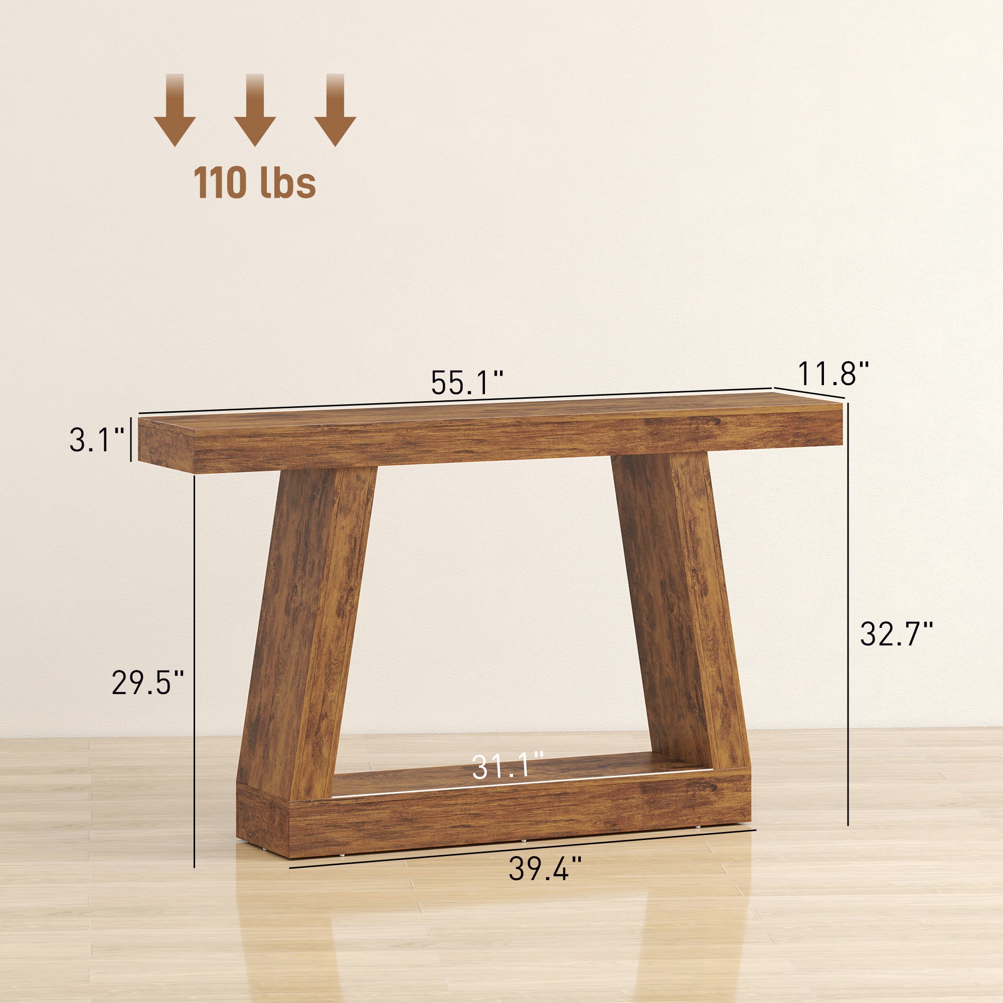 55" Farmhouse Console Table, 2-Tier Entryway Table with Storage and Thickened Tabletop for Hallway, Living Room, Entrance, Behind Couch, Dark Brown