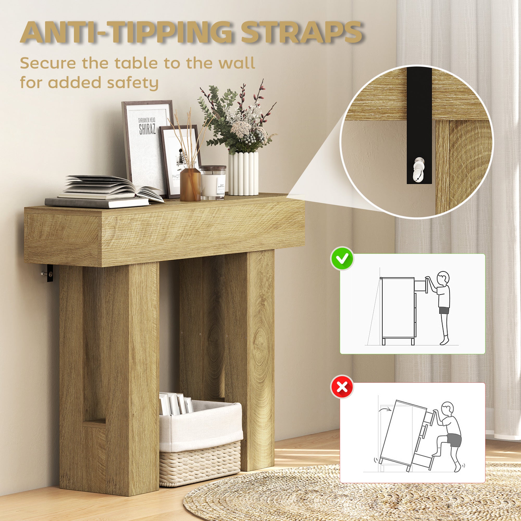 42 Inch Console Table, Narrow Farmhouse Entryway Table with Thickened Tabletop for Living Room, Hallway, Entrance, Oak