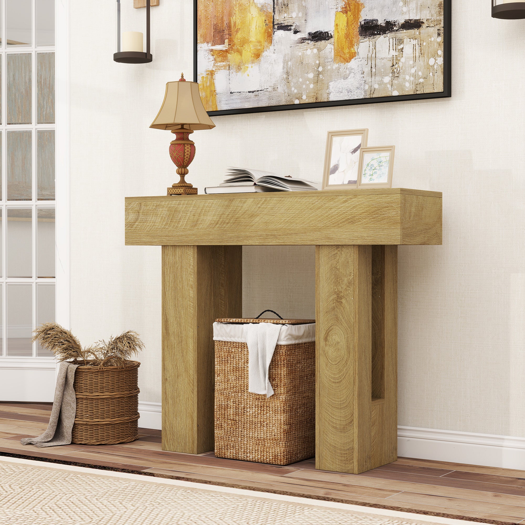 42 Inch Console Table, Narrow Farmhouse Entryway Table with Thickened Tabletop for Living Room, Hallway, Entrance, Oak