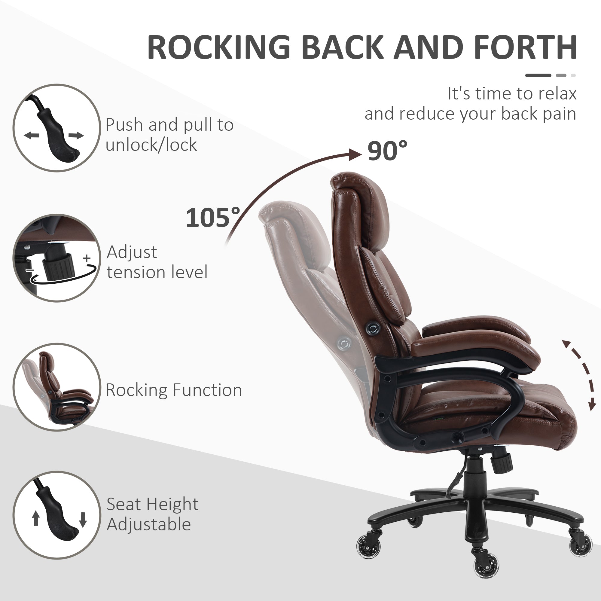 400lbs Executive Computer Chair with PU Leather & Adjustable Height, Brown