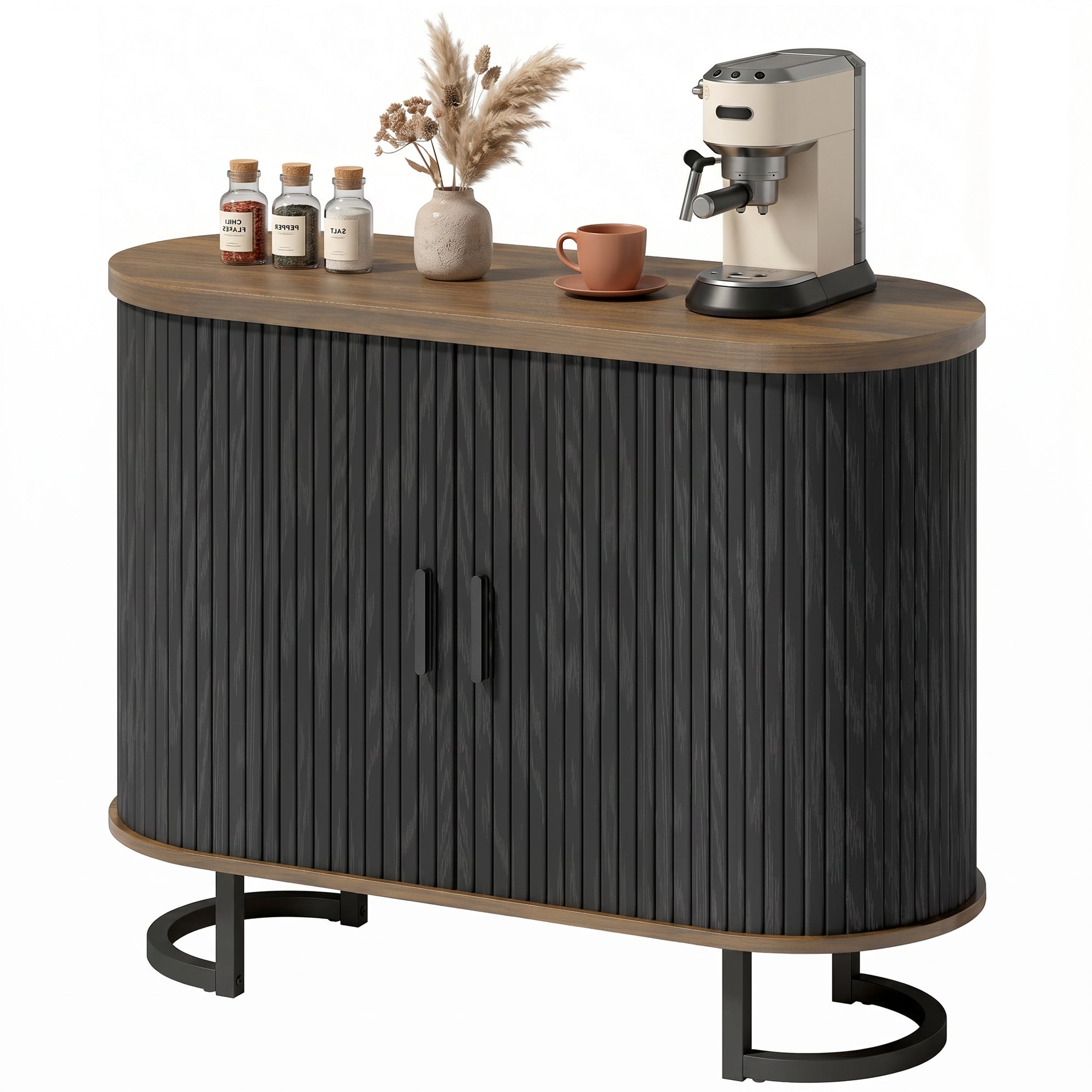 Sideboard Buffet Cabinet with Curved Tambour Doors and Thick Tabletop, 39.4" Coffee Bar Cabinet with Arc Metal Legs, Coffee Bar Station, Brown Wood Grain and Black