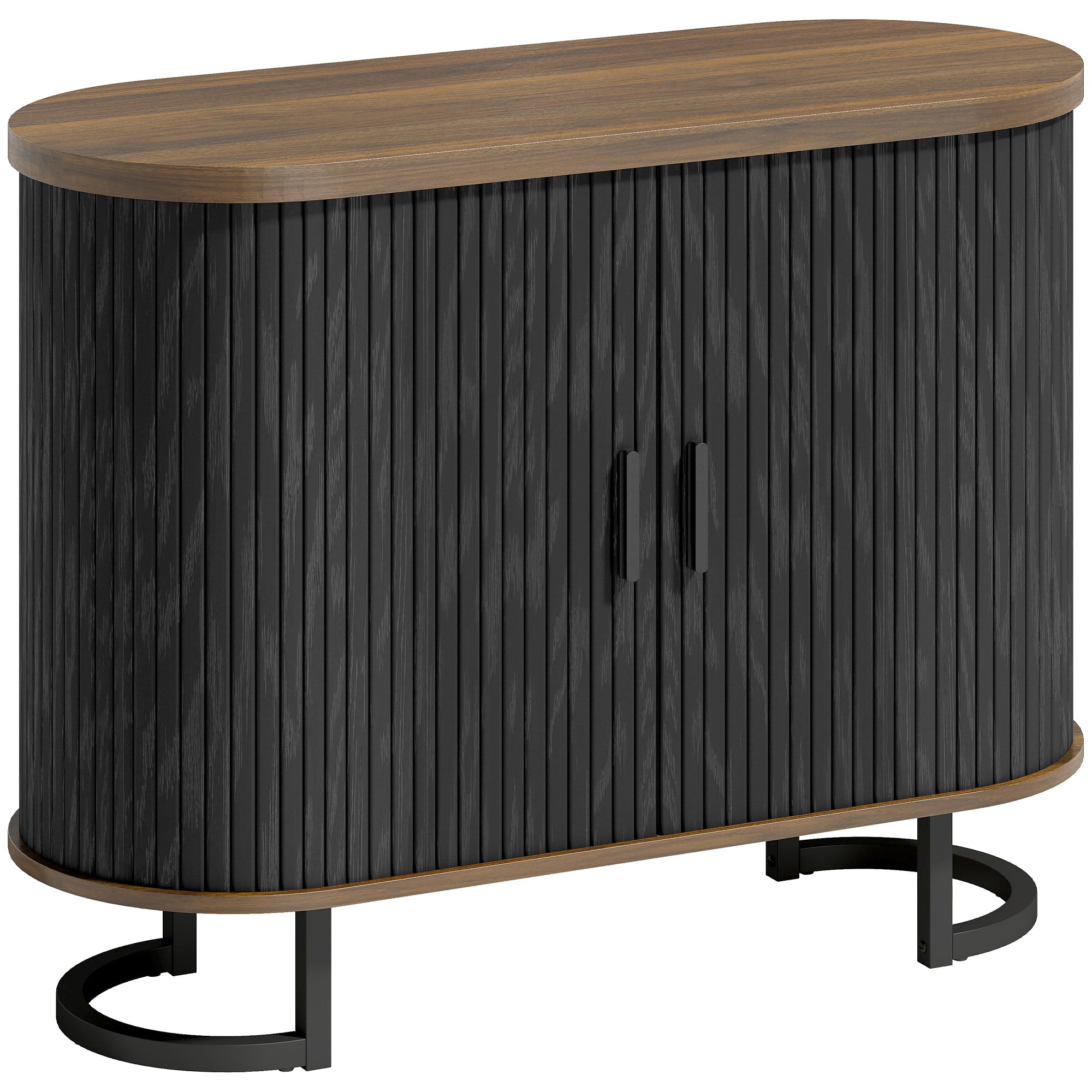 Sideboard Buffet Cabinet with Curved Tambour Doors and Thick Tabletop, 39.4" Coffee Bar Cabinet with Arc Metal Legs, Coffee Bar Station, Brown Wood Grain and Black