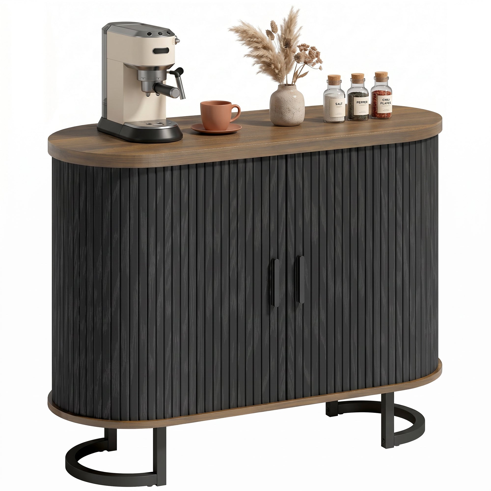 Sideboard Buffet Cabinet with Curved Tambour Doors and Thick Tabletop, 39.4" Coffee Bar Cabinet with Arc Metal Legs, Coffee Bar Station, Brown Wood Grain and Black