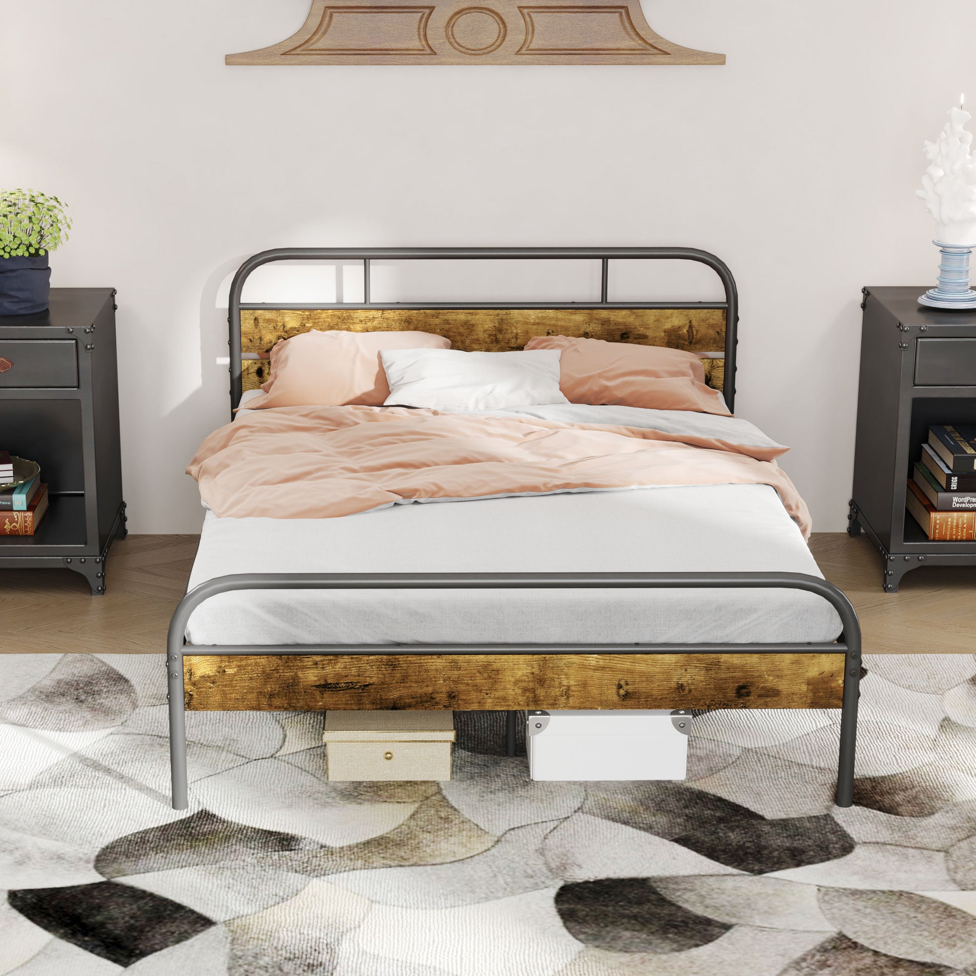 HOMCOM 4ft6 Double Bed Frame with Headboard, Platform Bed Frame with Underbed Storage, Slat Support, No Box Spring Needed, Easy Assembly, Rustic Brown