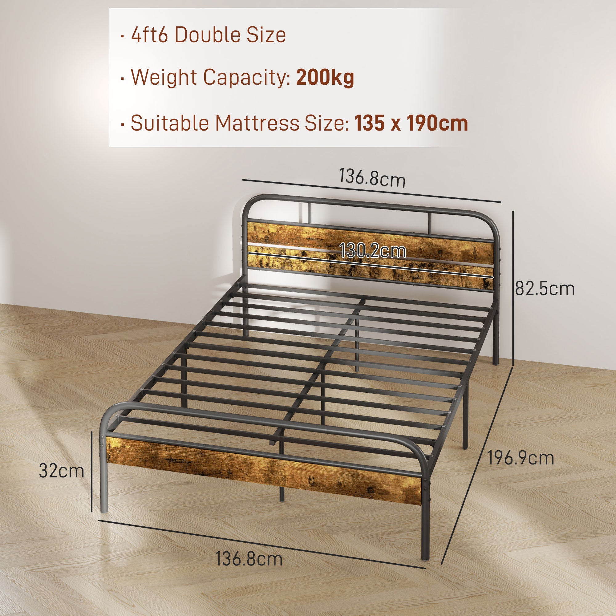 HOMCOM 4ft6 Double Bed Frame with Headboard, Platform Bed Frame with Underbed Storage, Slat Support, No Box Spring Needed, Easy Assembly, Rustic Brown