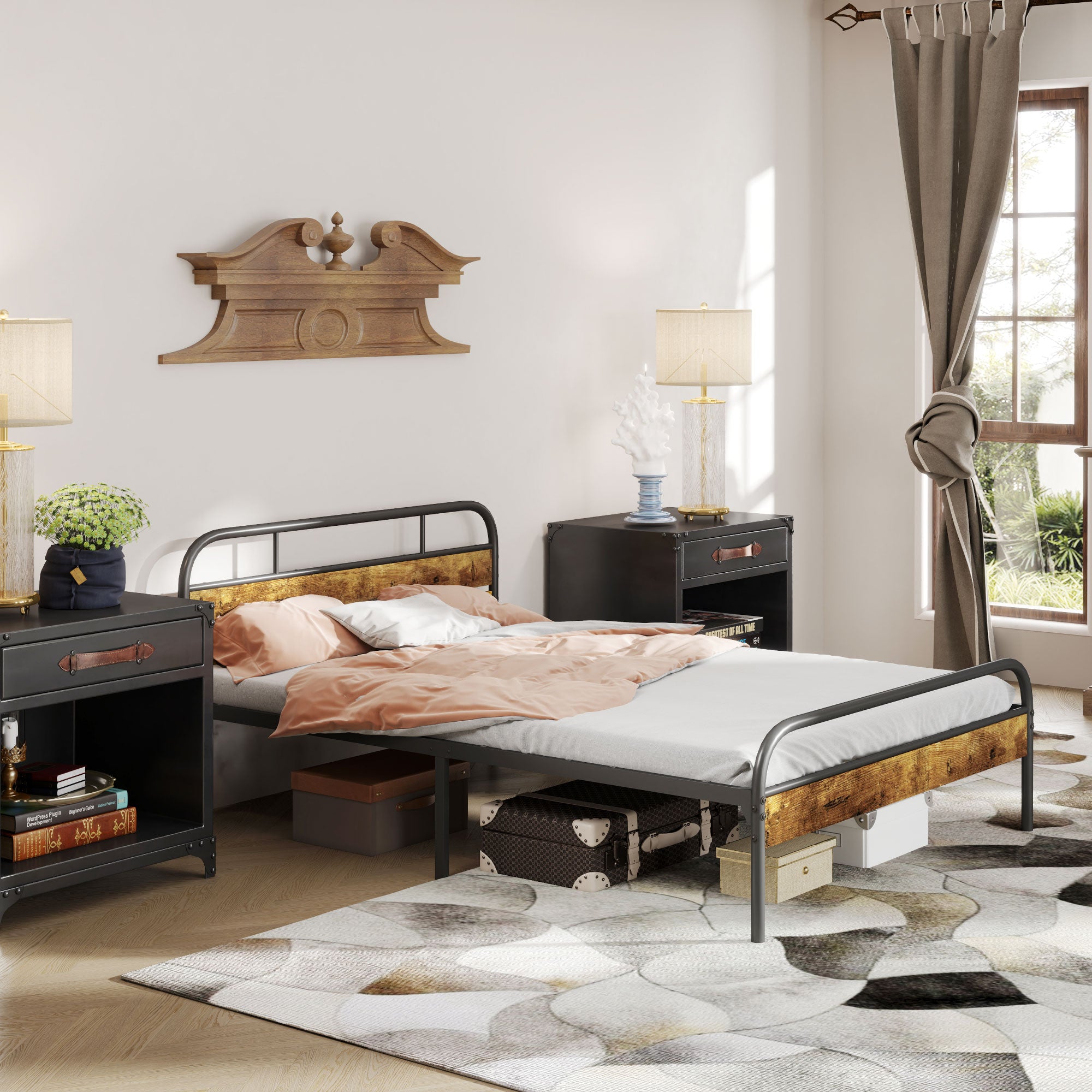 HOMCOM 4ft6 Double Bed Frame with Headboard, Platform Bed Frame with Underbed Storage, Slat Support, No Box Spring Needed, Easy Assembly, Rustic Brown