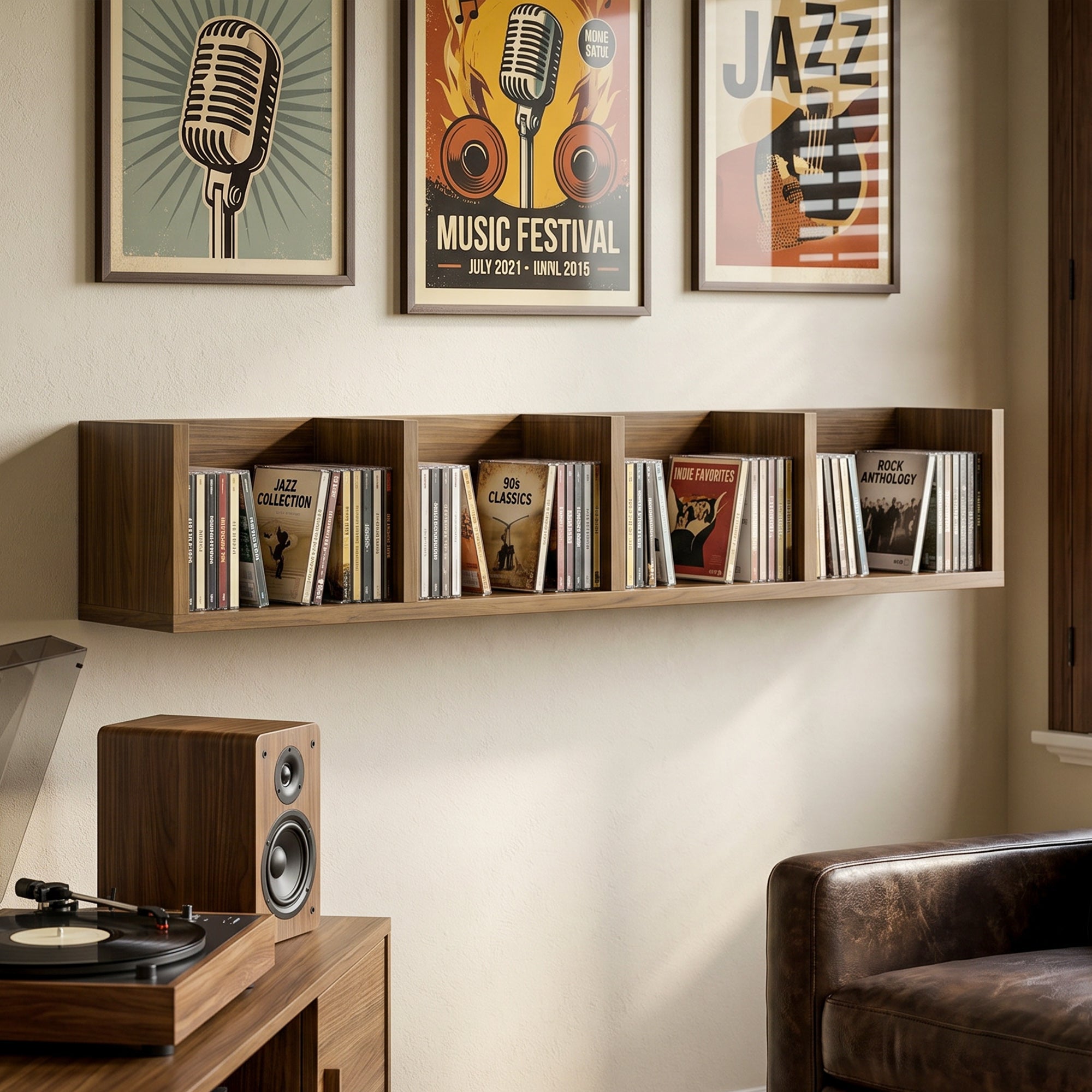 Wall Mount 84 CD / 56 DVD/Blu-ray/ Media Storage Rack 4 Cubes Wooden Shelf Organizer Unit Bookcase Display, Walnut Brown