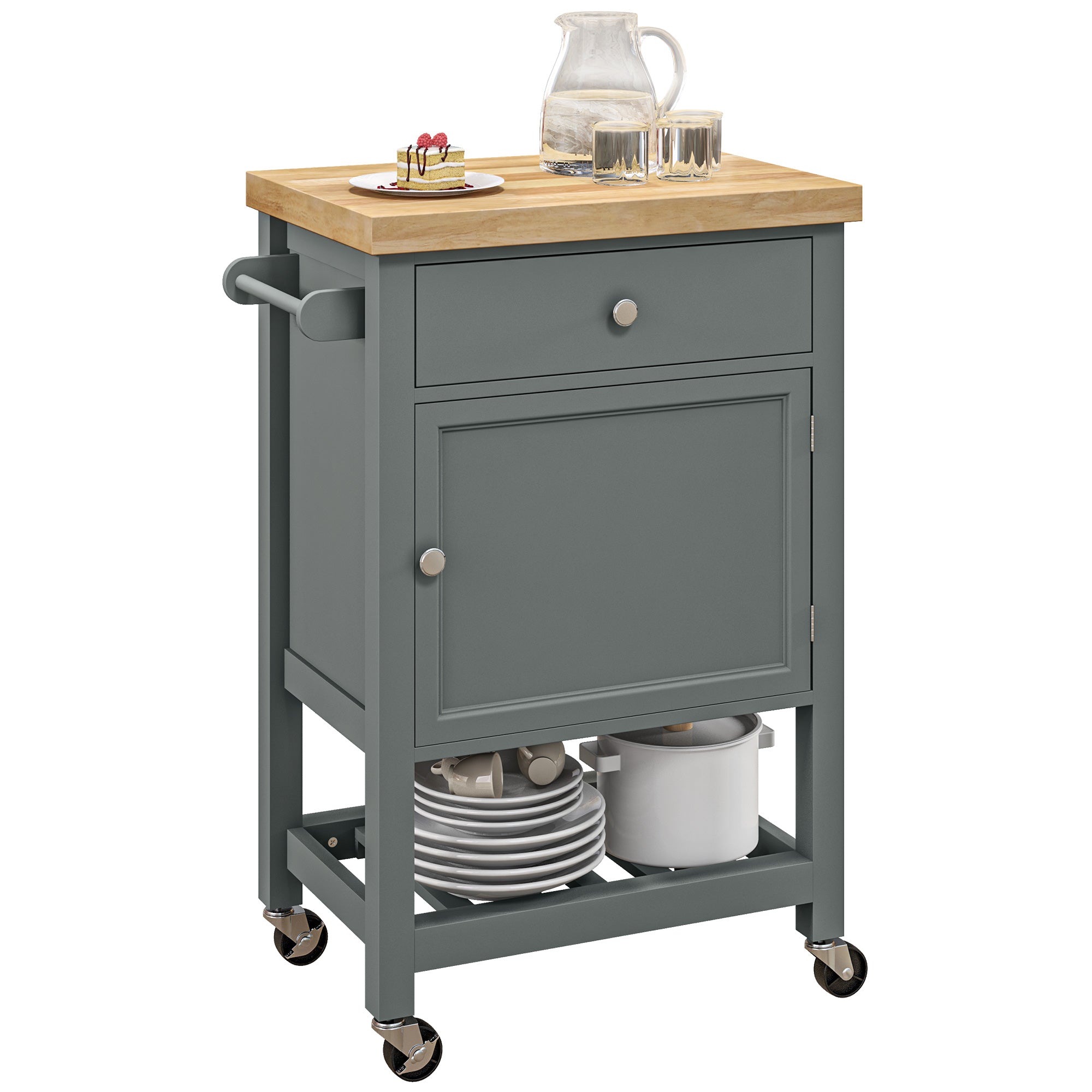 36" Rolling Kitchen Cart with Rubberwood Top, Drawer, Wine Rack & Cabinet, Gray