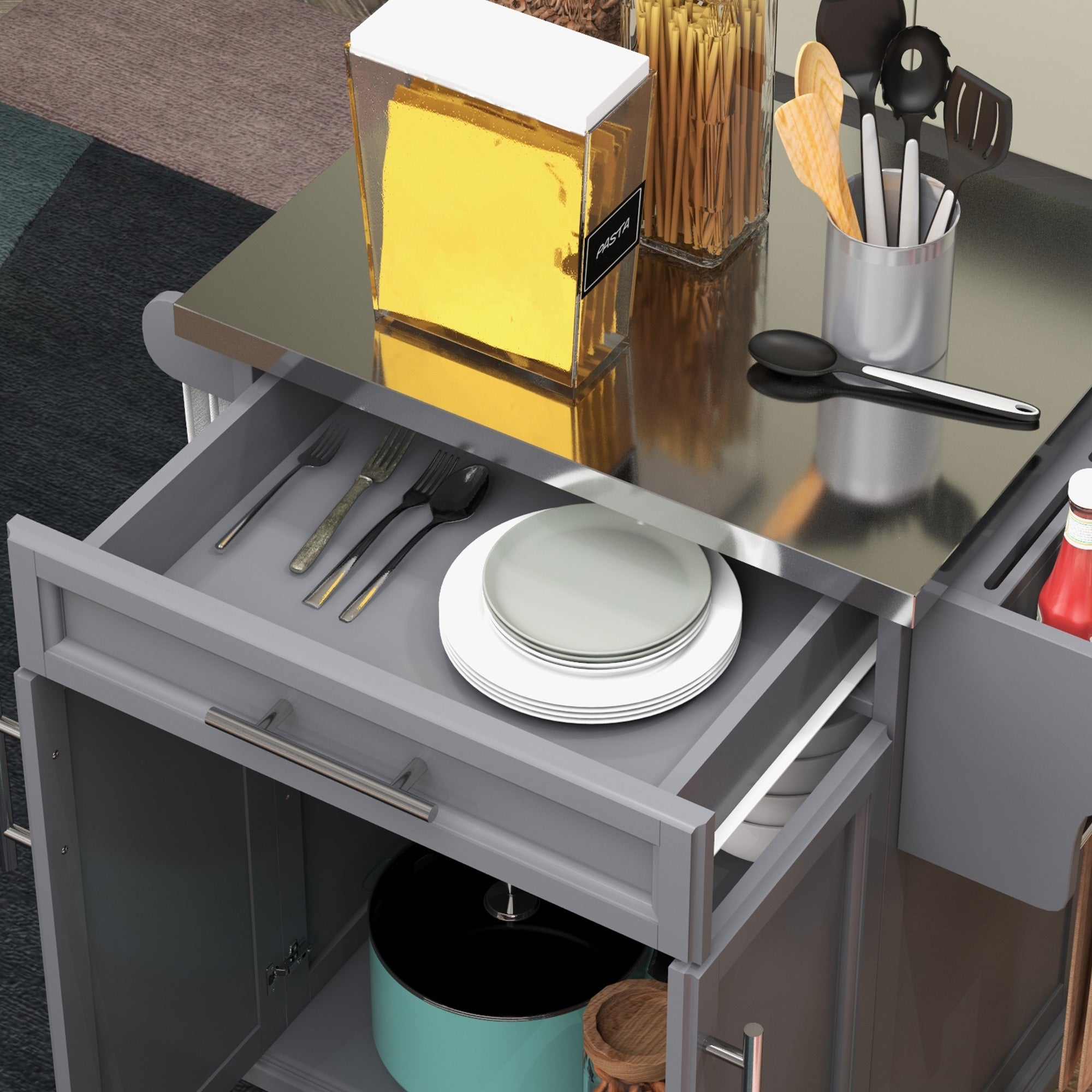 36" Stainless Steel Rolling Kitchen Cart with Drawer, Spice & Towel Racks, Gray - HOMCOM