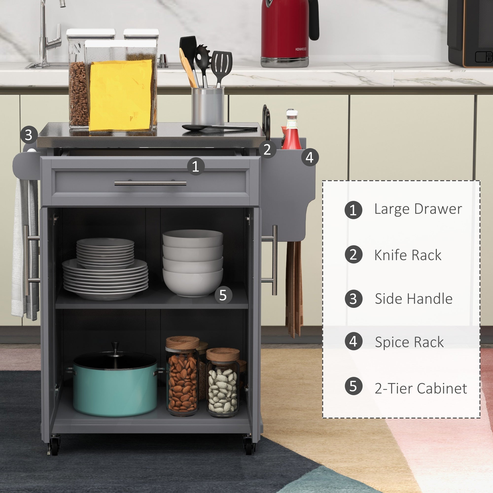 36" Stainless Steel Rolling Kitchen Cart with Drawer, Spice & Towel Racks, Gray - HOMCOM
