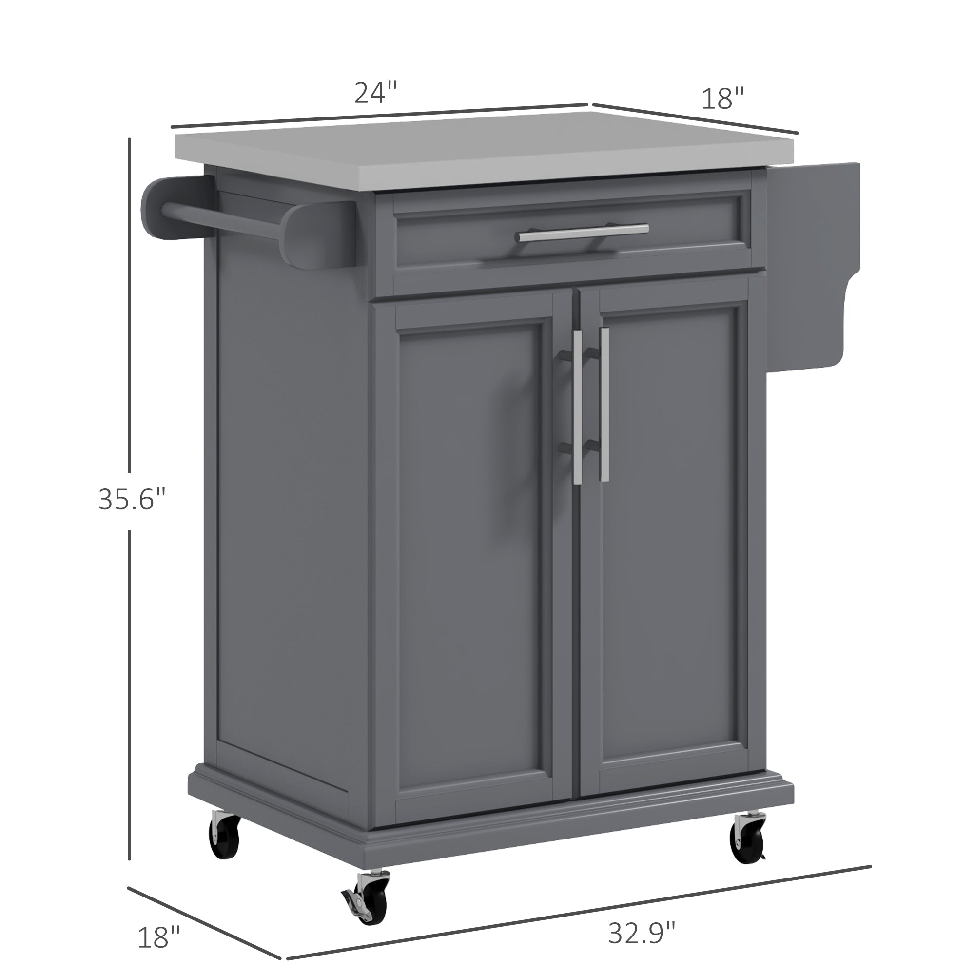 36" Stainless Steel Rolling Kitchen Cart with Drawer, Spice & Towel Racks, Gray - HOMCOM