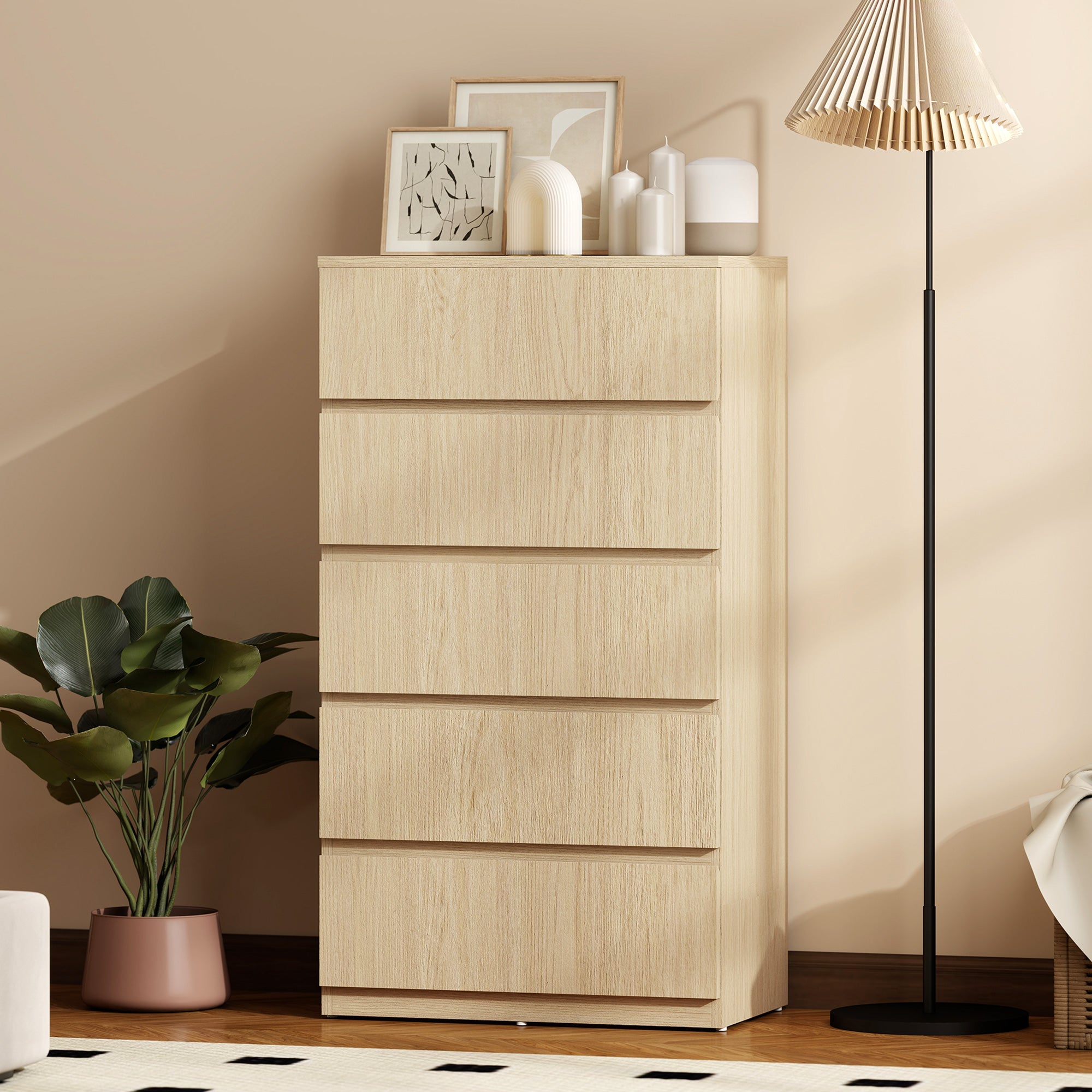 Chest of Drawers, 5 Drawers Storage Cabinet Floor Tower Cupboard for Bedroom Living Room, Natural Wood