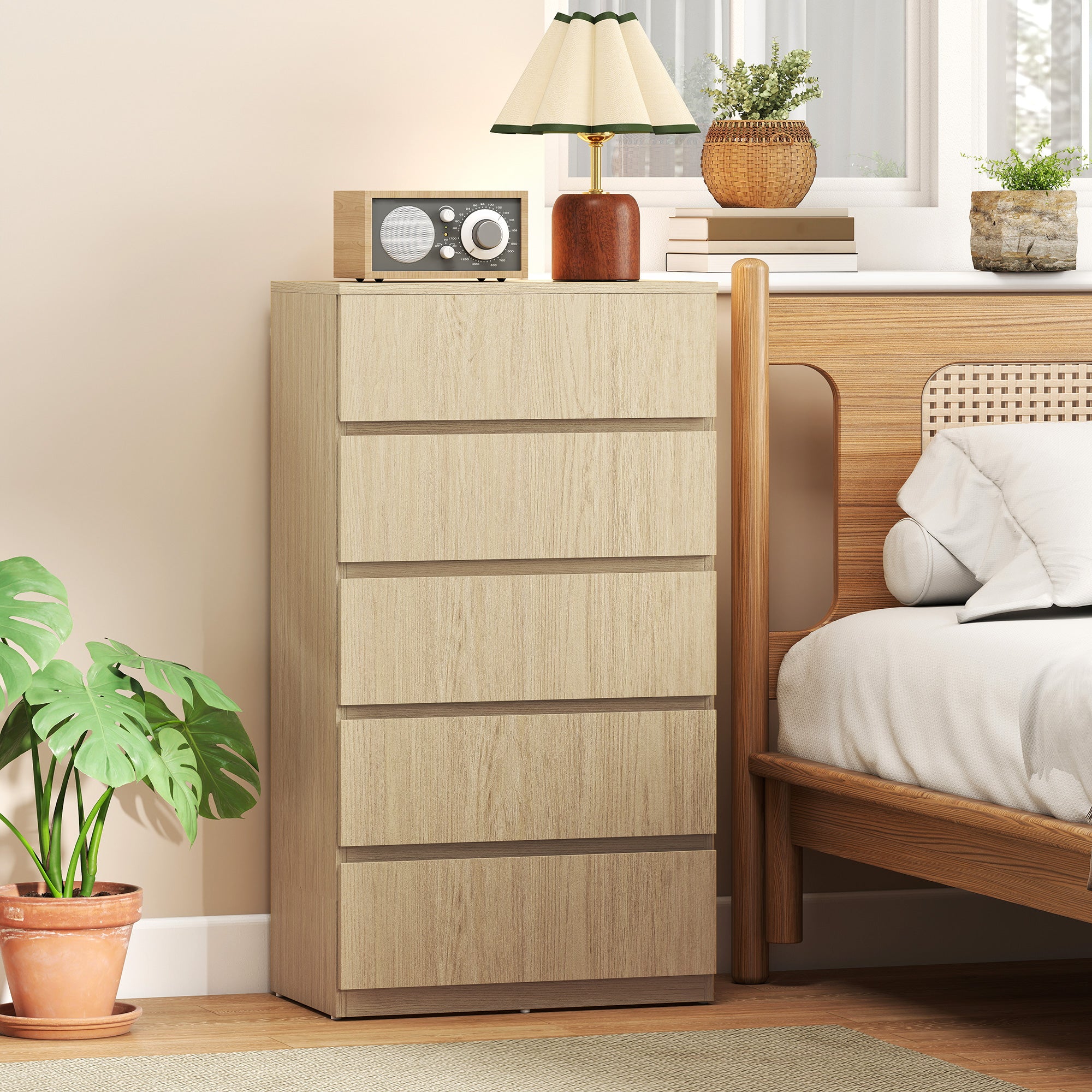 Chest of Drawers, 5 Drawers Storage Cabinet Floor Tower Cupboard for Bedroom Living Room, Natural Wood