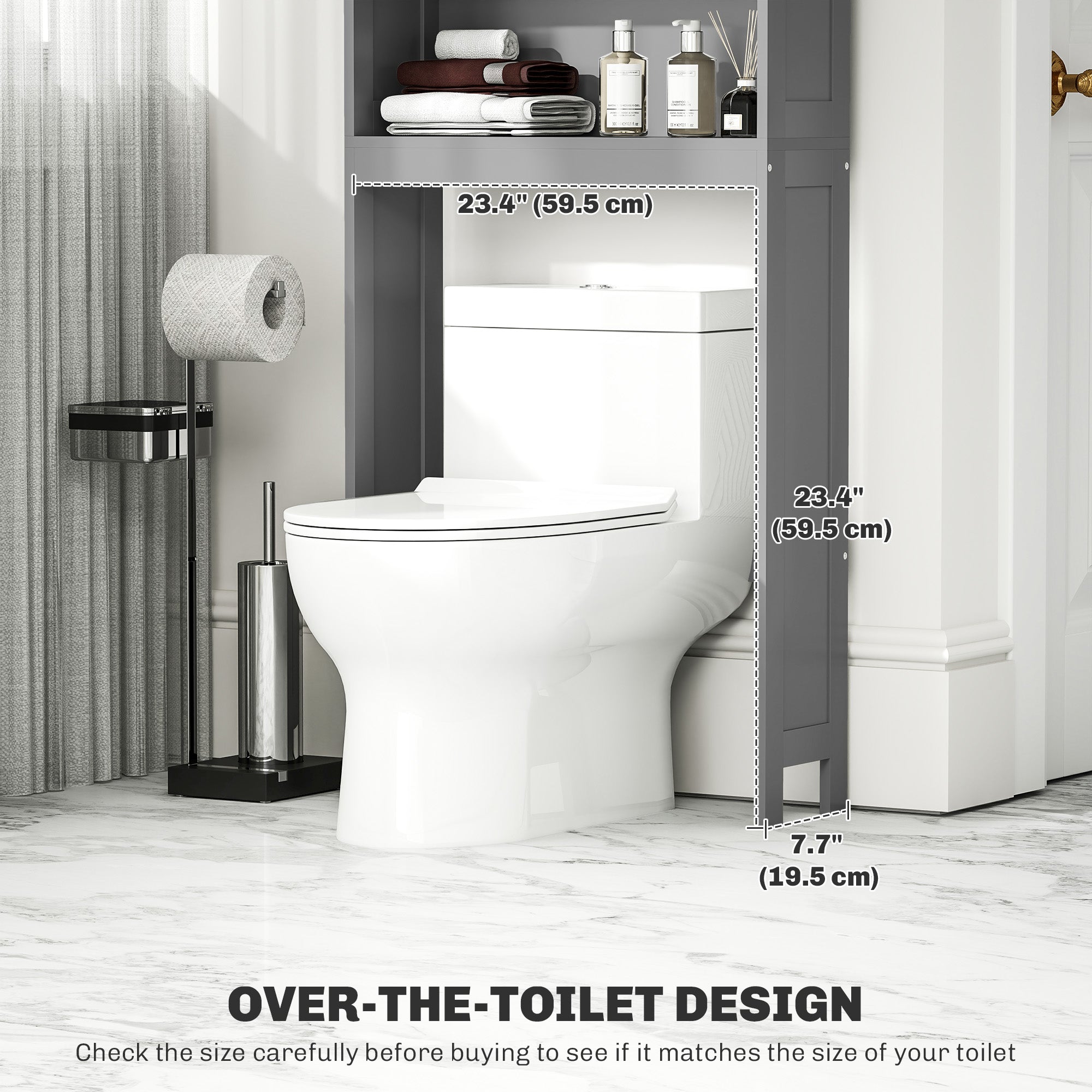 kleankin Over The Toilet Storage Cabinet, Bathroom Space Saver with Adjustable Shelf, Open Shelves and Double Door Cabinet, Bathroom Organizer, Grey