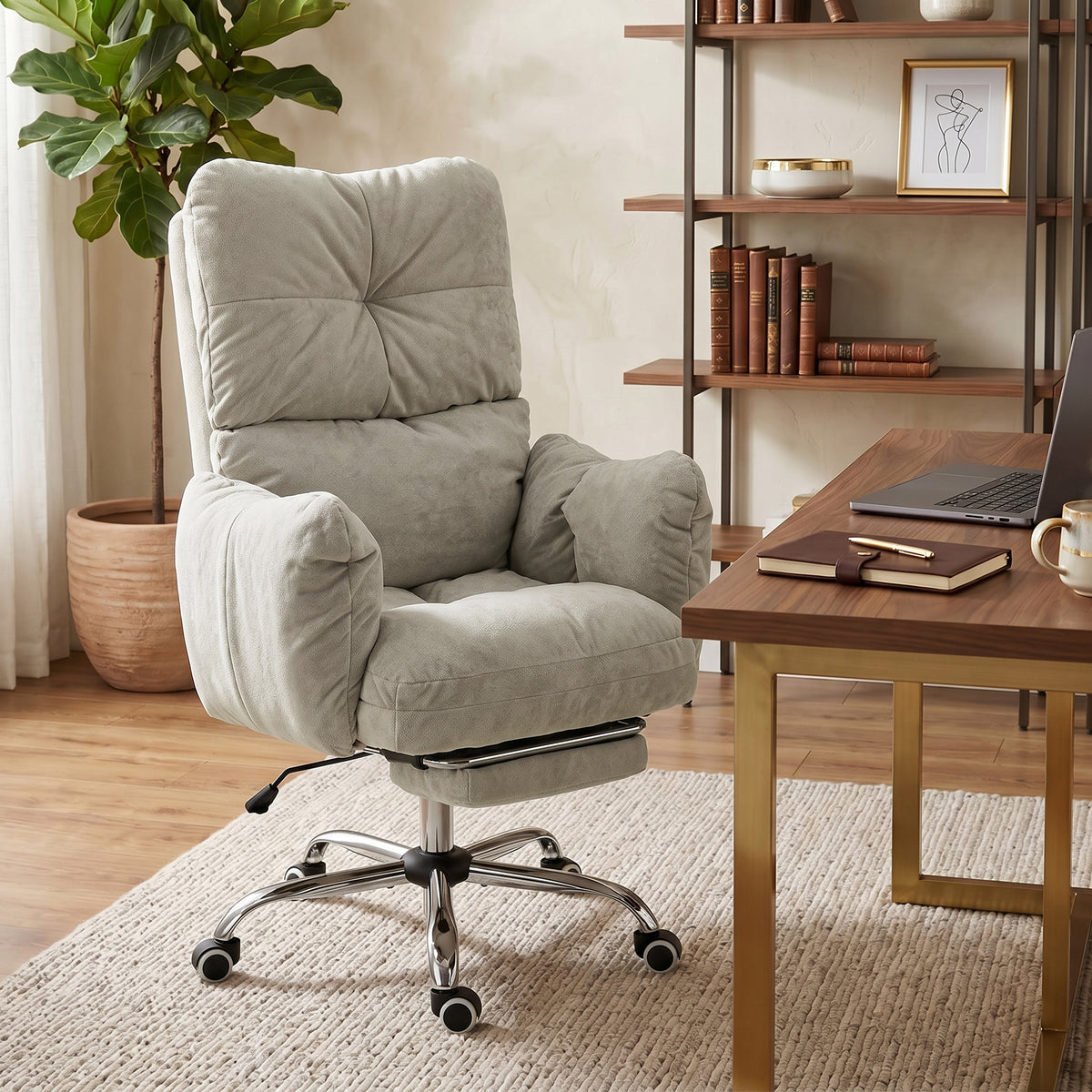 Office Chair with Foot Rest, Ergonomic Reclining Computer Gaming Chair with Snow Flannel Fabric, Thick Cushion, Padded Armrest, High Back and Adjustable Height, Light Grey