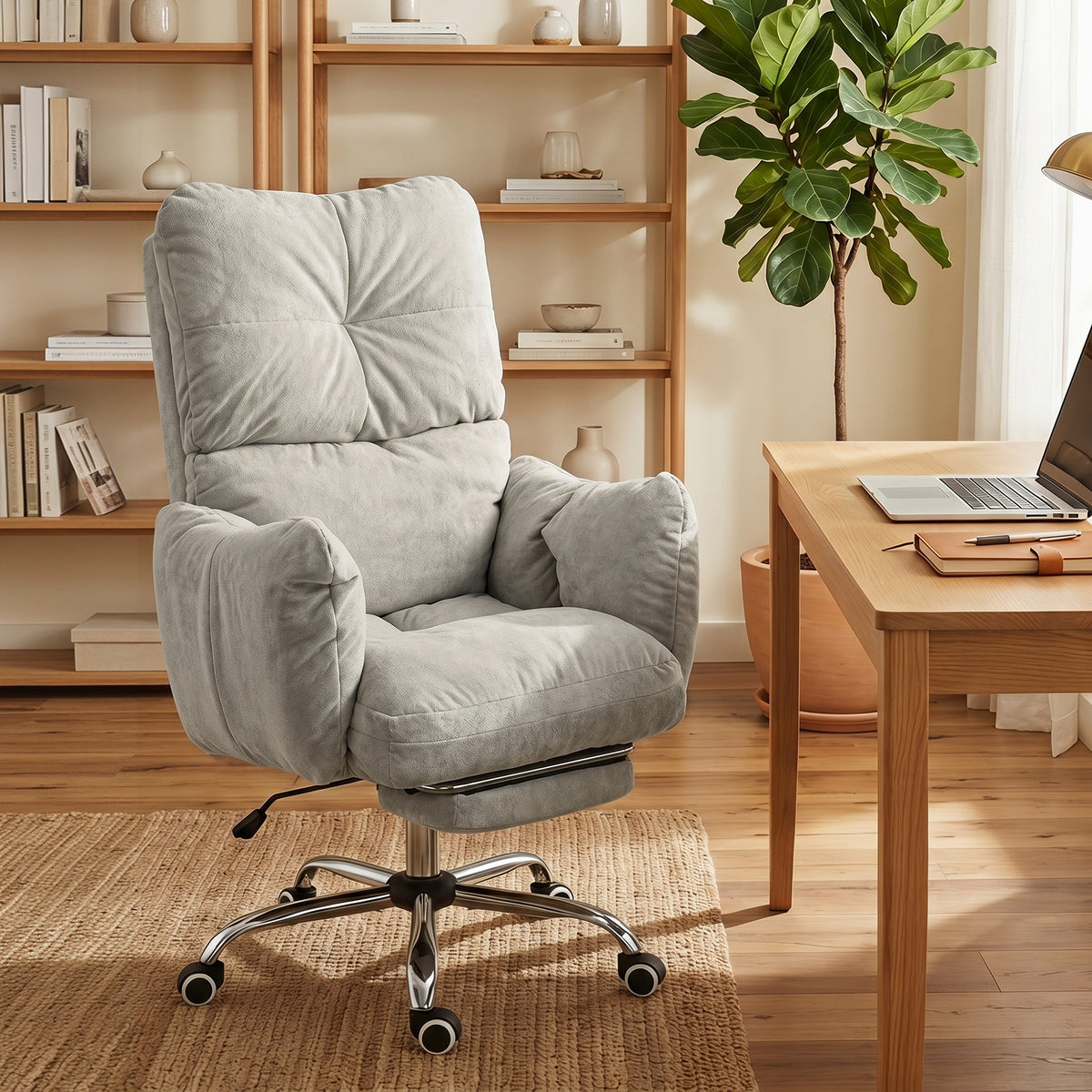 Office Chair with Foot Rest, Ergonomic Reclining Computer Gaming Chair with Snow Flannel Fabric, Thick Cushion, Padded Armrest, High Back and Adjustable Height, Light Grey