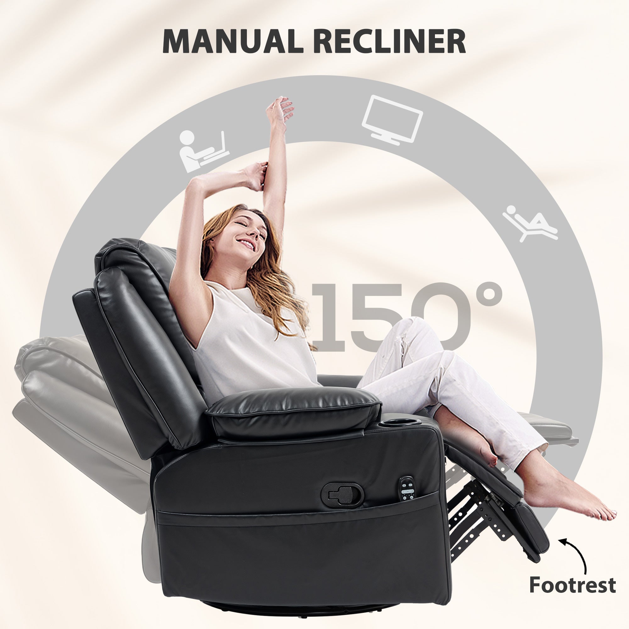 HOMCOM Recliner Chair with Vibration Massage and Heat, Oversized Swivel Rocker Single Sofa with Footrest, Remote, Cup Holders and Side Pockets, PU Manual Reclining Chair for Living Room, Black