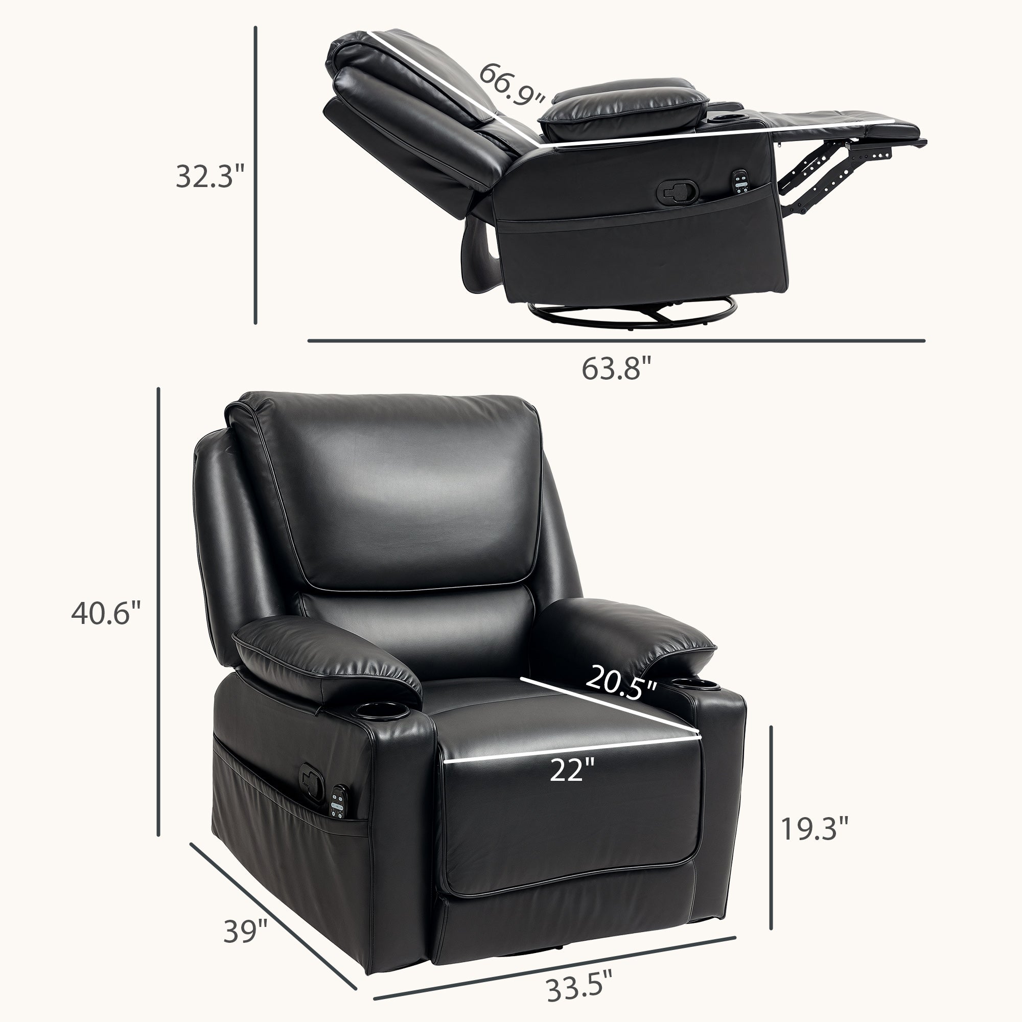 HOMCOM Recliner Chair with Vibration Massage and Heat, Oversized Swivel Rocker Single Sofa with Footrest, Remote, Cup Holders and Side Pockets, PU Manual Reclining Chair for Living Room, Black