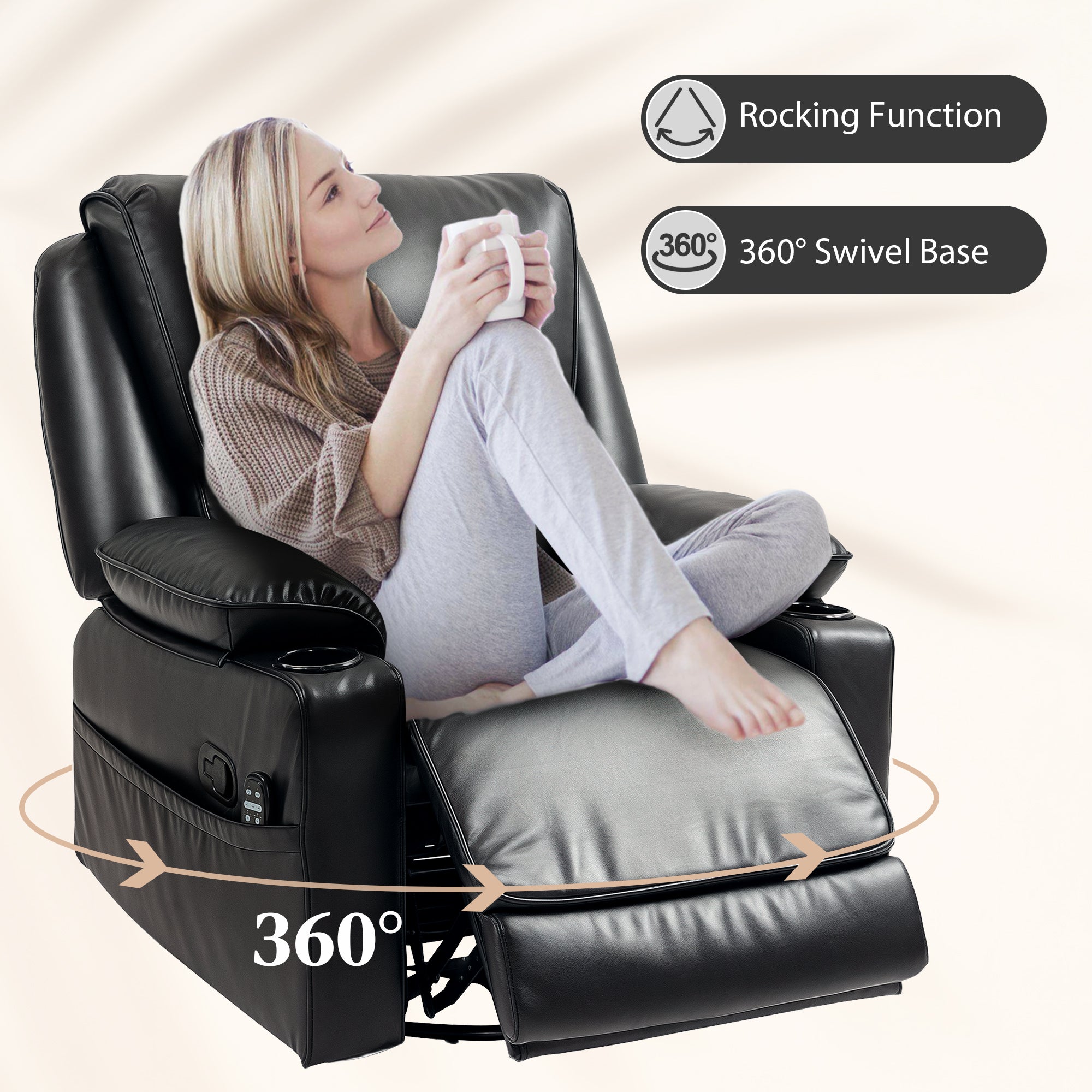 HOMCOM Recliner Chair with Vibration Massage and Heat, Oversized Swivel Rocker Single Sofa with Footrest, Remote, Cup Holders and Side Pockets, PU Manual Reclining Chair for Living Room, Black