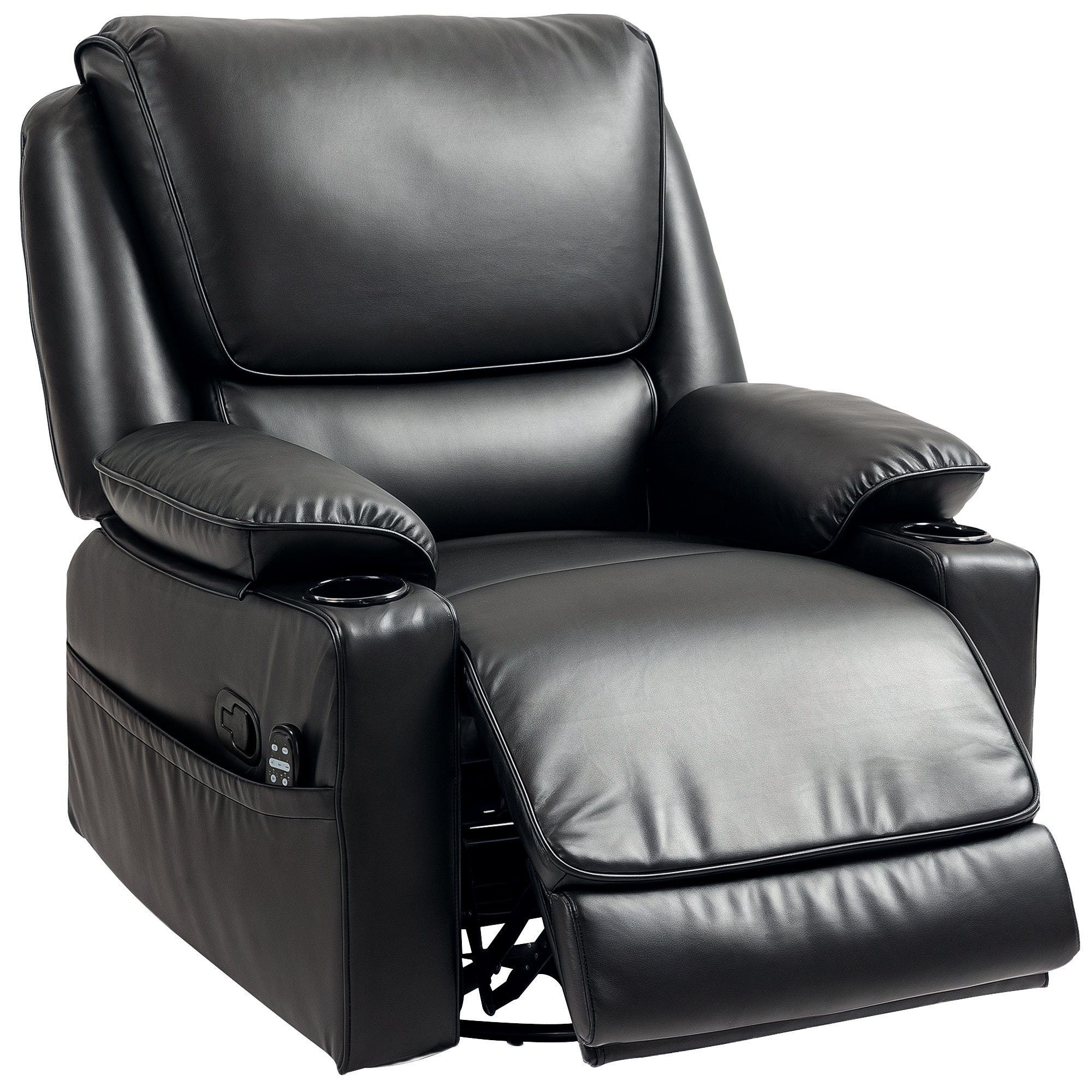 HOMCOM Recliner Chair with Vibration Massage and Heat, Oversized Swivel Rocker Single Sofa with Footrest, Remote, Cup Holders and Side Pockets, PU Manual Reclining Chair for Living Room, Black