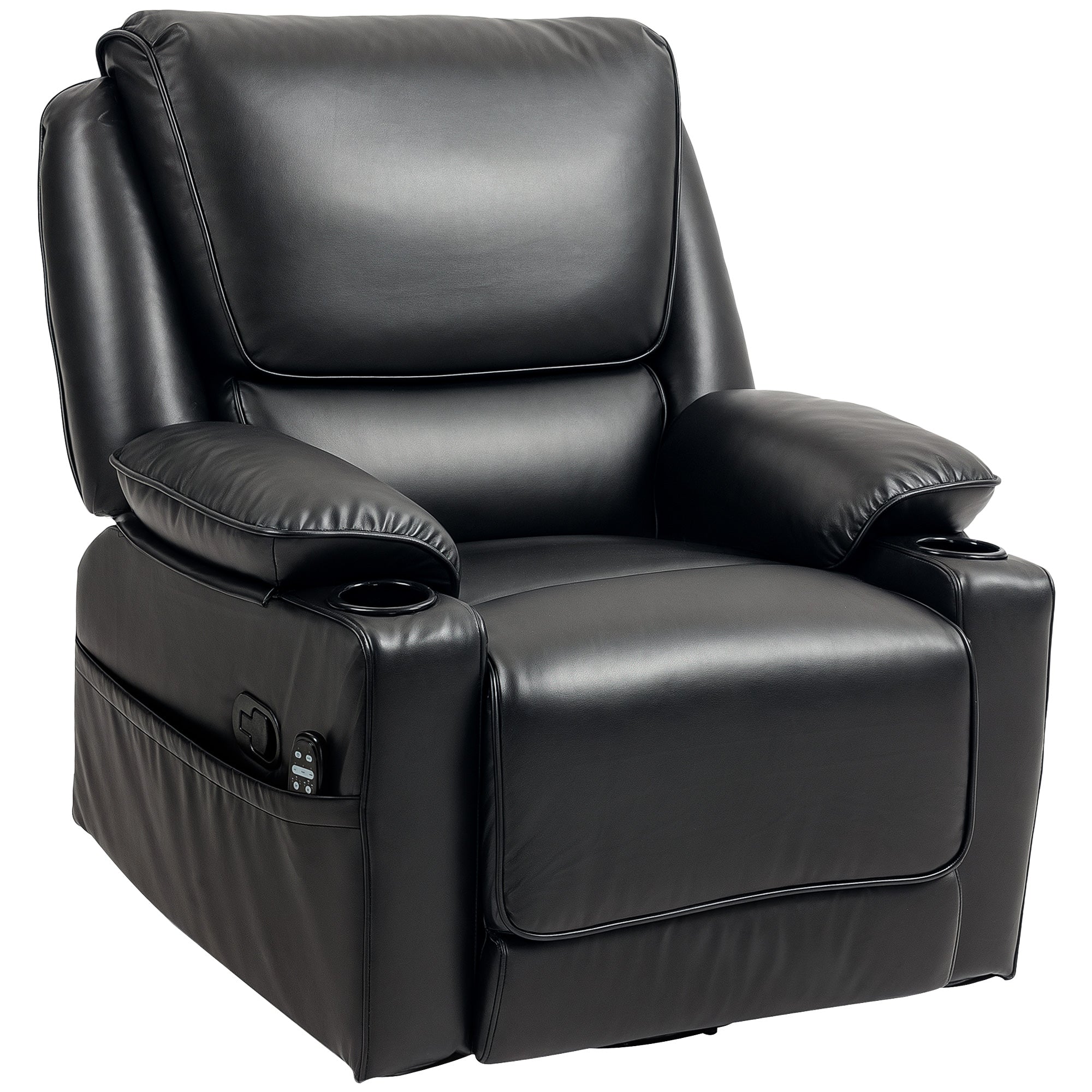 HOMCOM Recliner Chair with Vibration Massage and Heat, Oversized Swivel Rocker Single Sofa with Footrest, Remote, Cup Holders and Side Pockets, PU Manual Reclining Chair for Living Room, Black