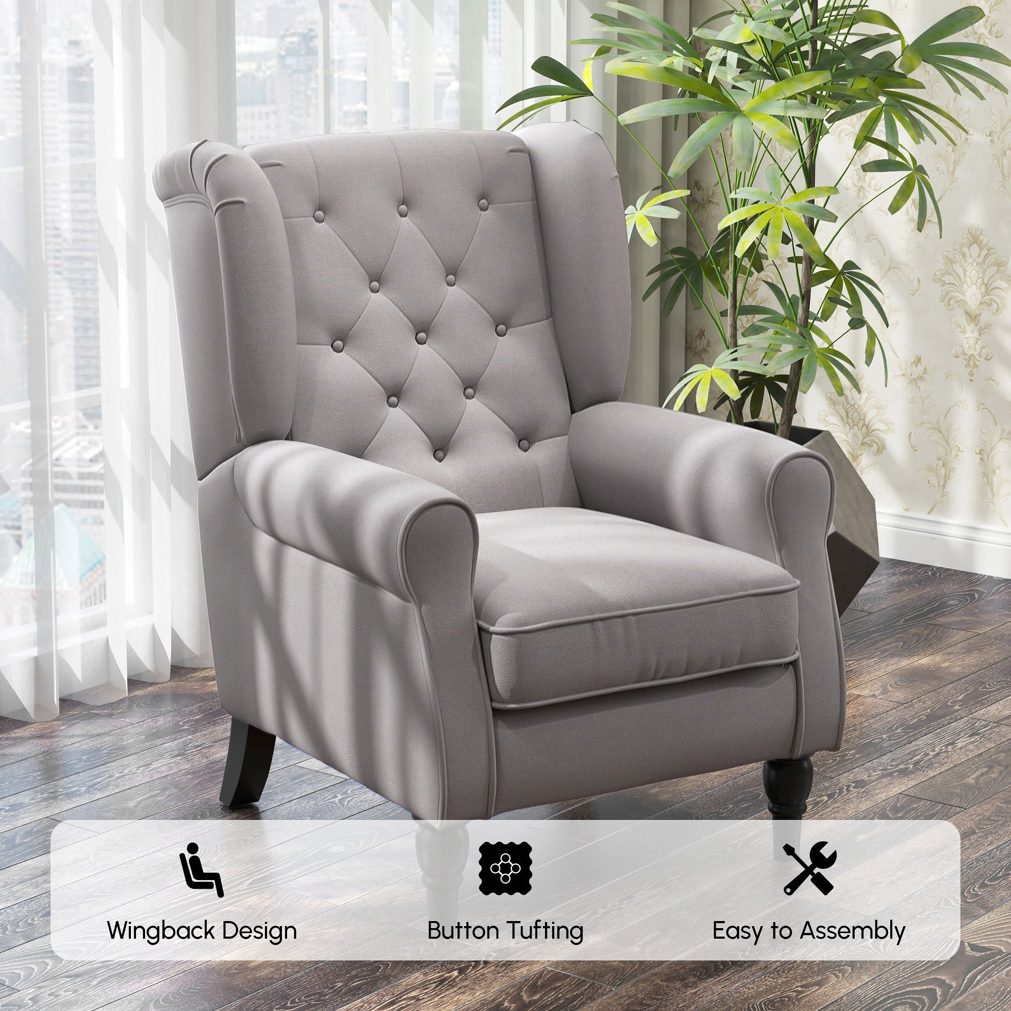 Mid-CenturyAccent Chair w/ High Wingback, Button-Tufted Fabric & Retro Wood Legs, Dark Gray