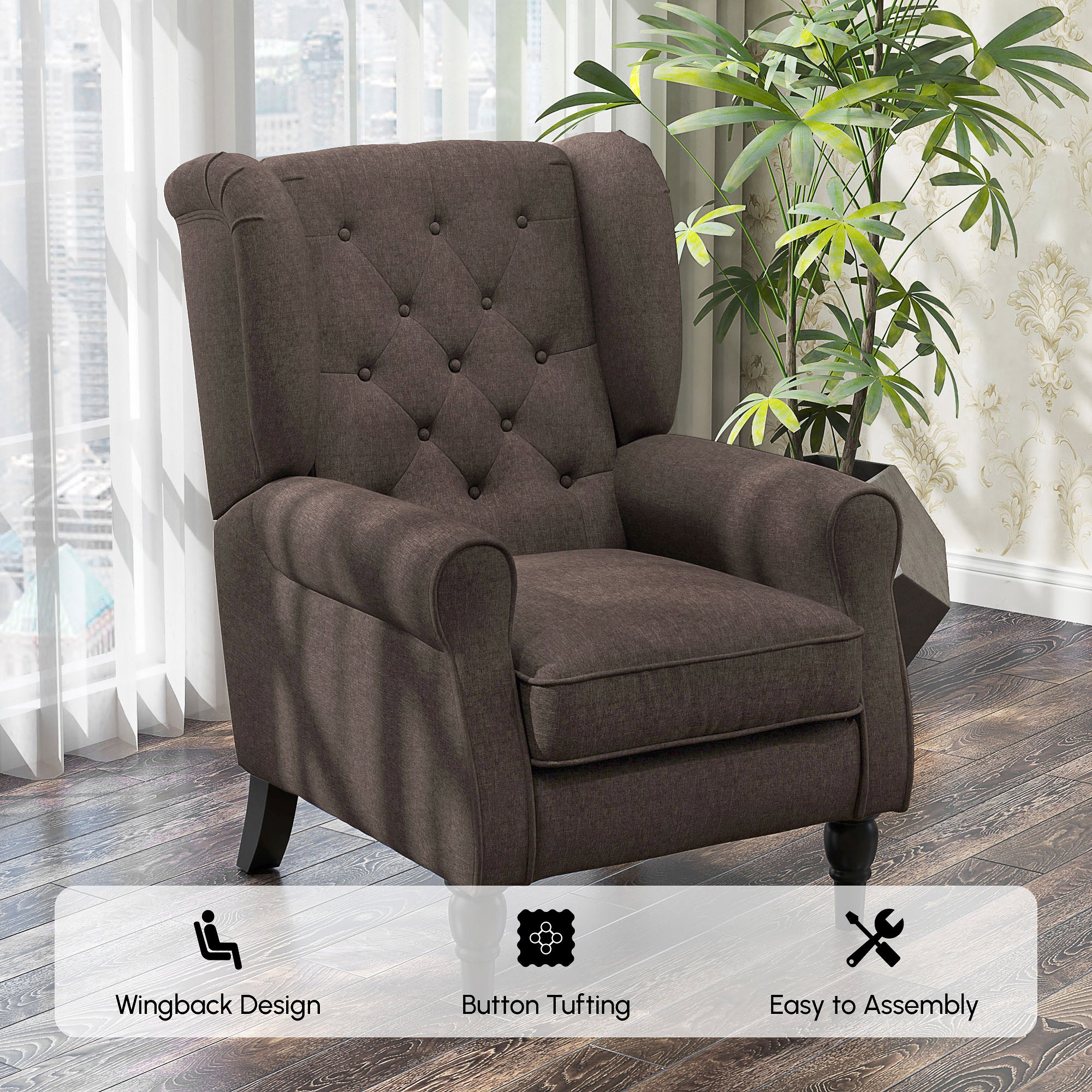 Mid-CenturyAccent Chair w/ High Wingback, Button-Tufted Fabric & Retro Wood Legs, Dark Brown