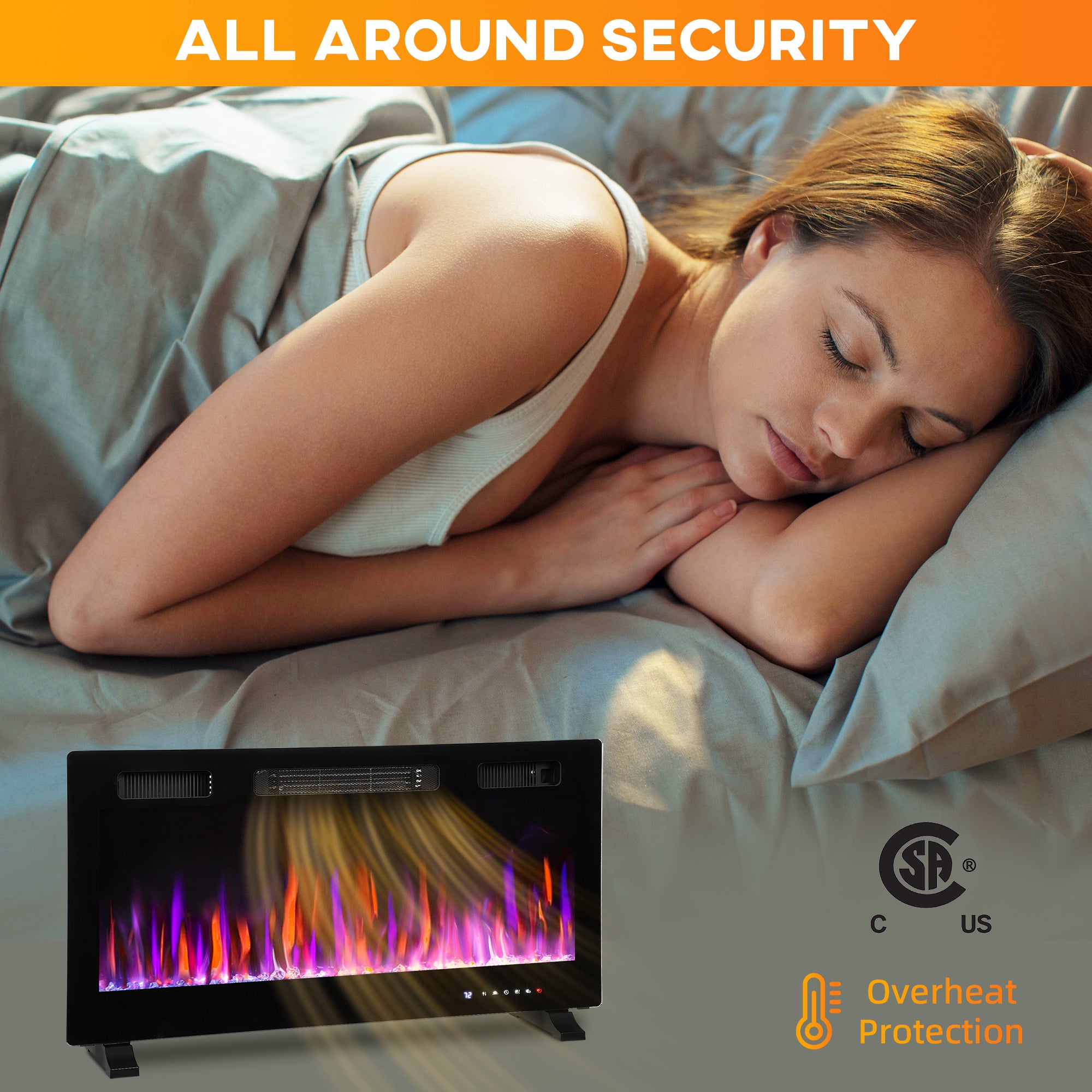 36" Thin Electric Fireplace, Freestanding, Recessed, Wall Mounted Fireplace Heater with Adjustable Flame and Thermostat, Eco Mode, Auto Switch, 12H Timer, Remote, 750/1500W