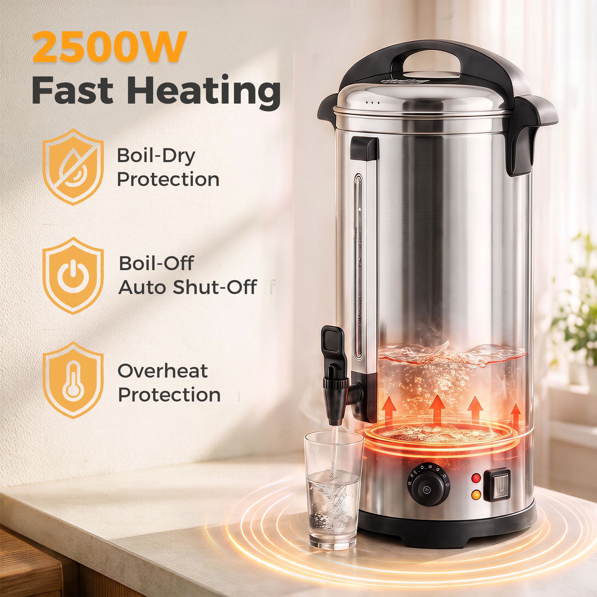 24L Catering Urn, 2500W Hot Water Boiler Dispenser with Thermostat, Stainless Steel Tea Urn Kettle with Keep Warm Function, Adjustable Temperature and Easy Pour Tap for Home Office Parties