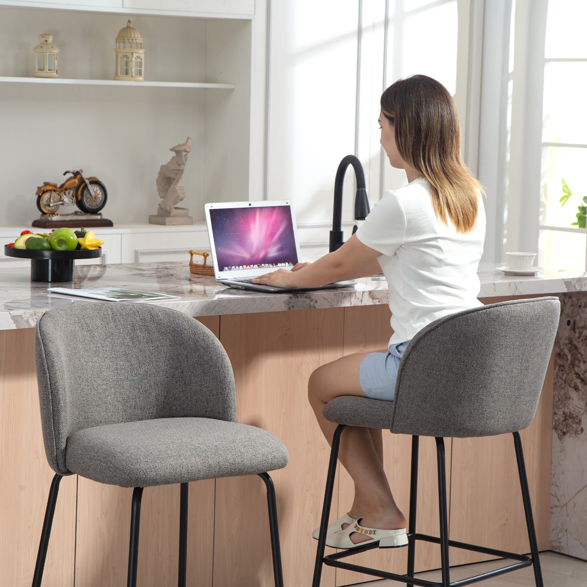 Bar Stools Set of 2, 27" Counter Height Barstools with Backrest, Upholstered Linen Bar Chairs with Footrest and Steel Legs for Kitchen Island, Dining Room, Dark Grey