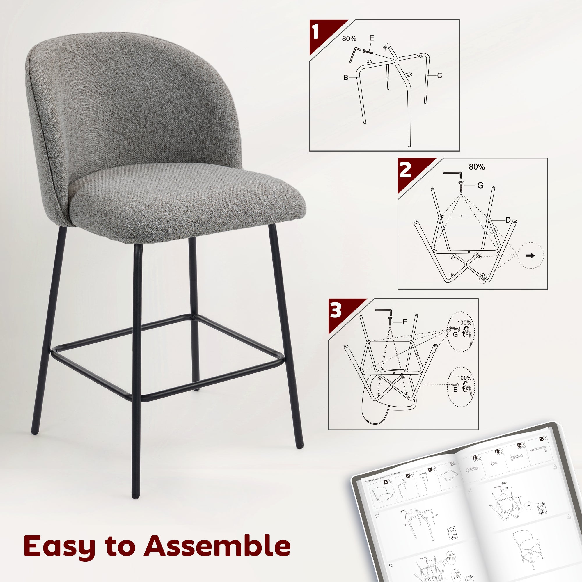 Bar Stools Set of 2, 27" Counter Height Barstools with Backrest, Upholstered Linen Bar Chairs with Footrest and Steel Legs for Kitchen Island, Dining Room, Dark Grey