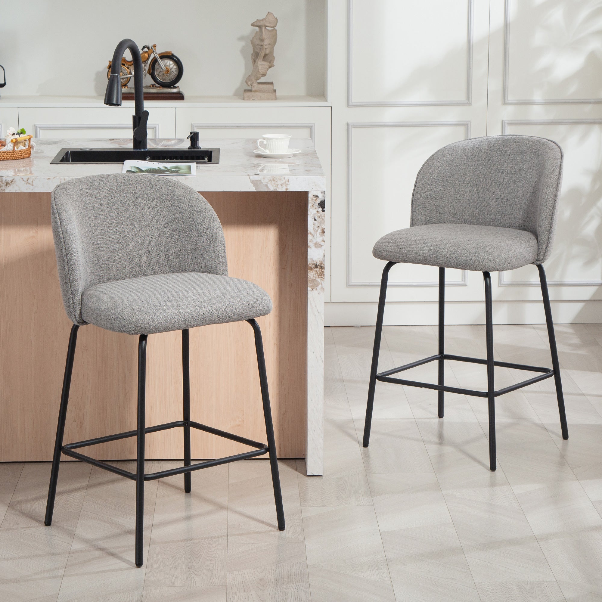 Bar Stools Set of 2, 27" Counter Height Barstools with Backrest, Upholstered Linen Bar Chairs with Footrest and Steel Legs for Kitchen Island, Dining Room, Dark Grey