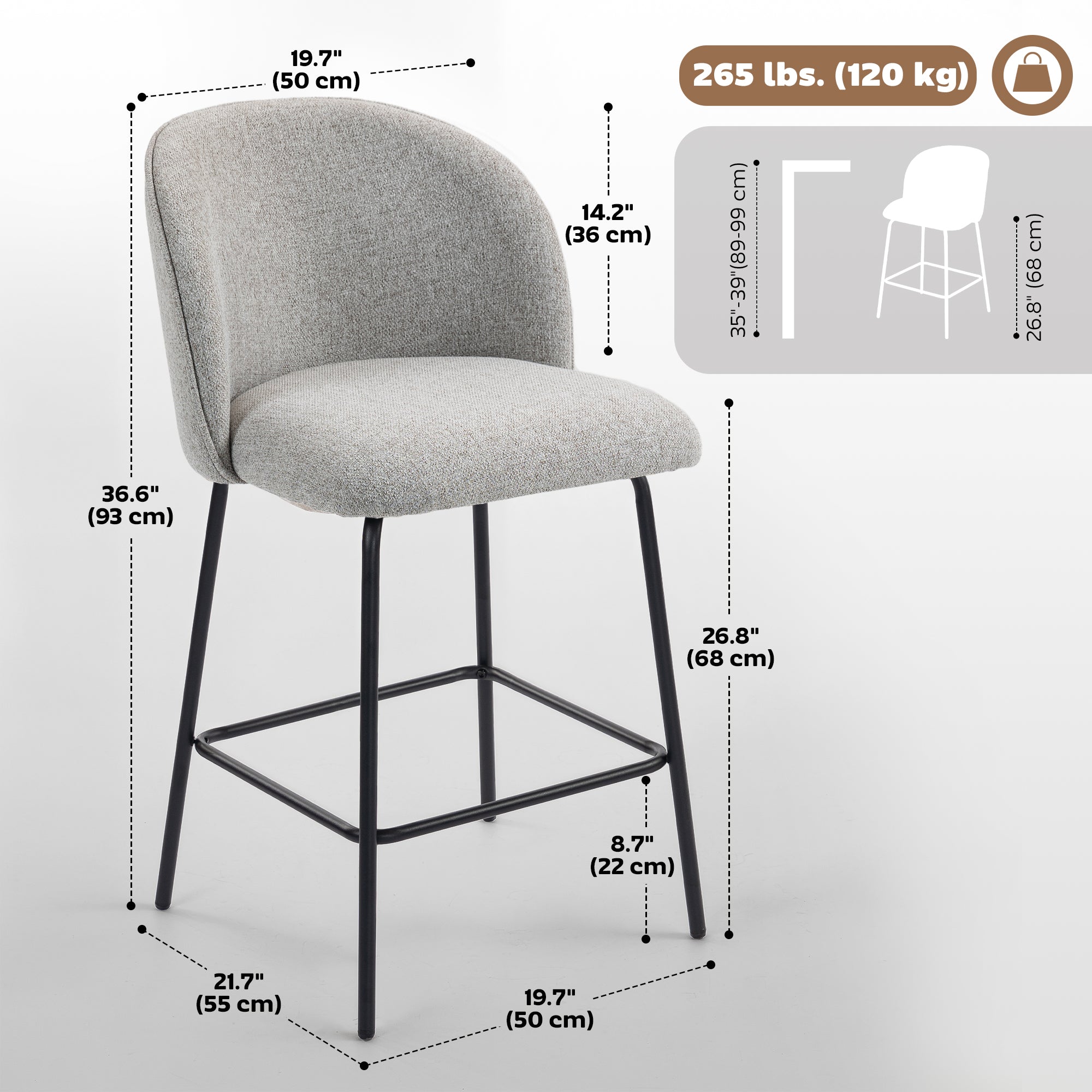 Bar Stools Set of 2, 27" Counter Height Barstools with Backrest, Upholstered Linen Bar Chairs with Footrest and Steel Legs for Kitchen Island, Dining Room, Dark Grey