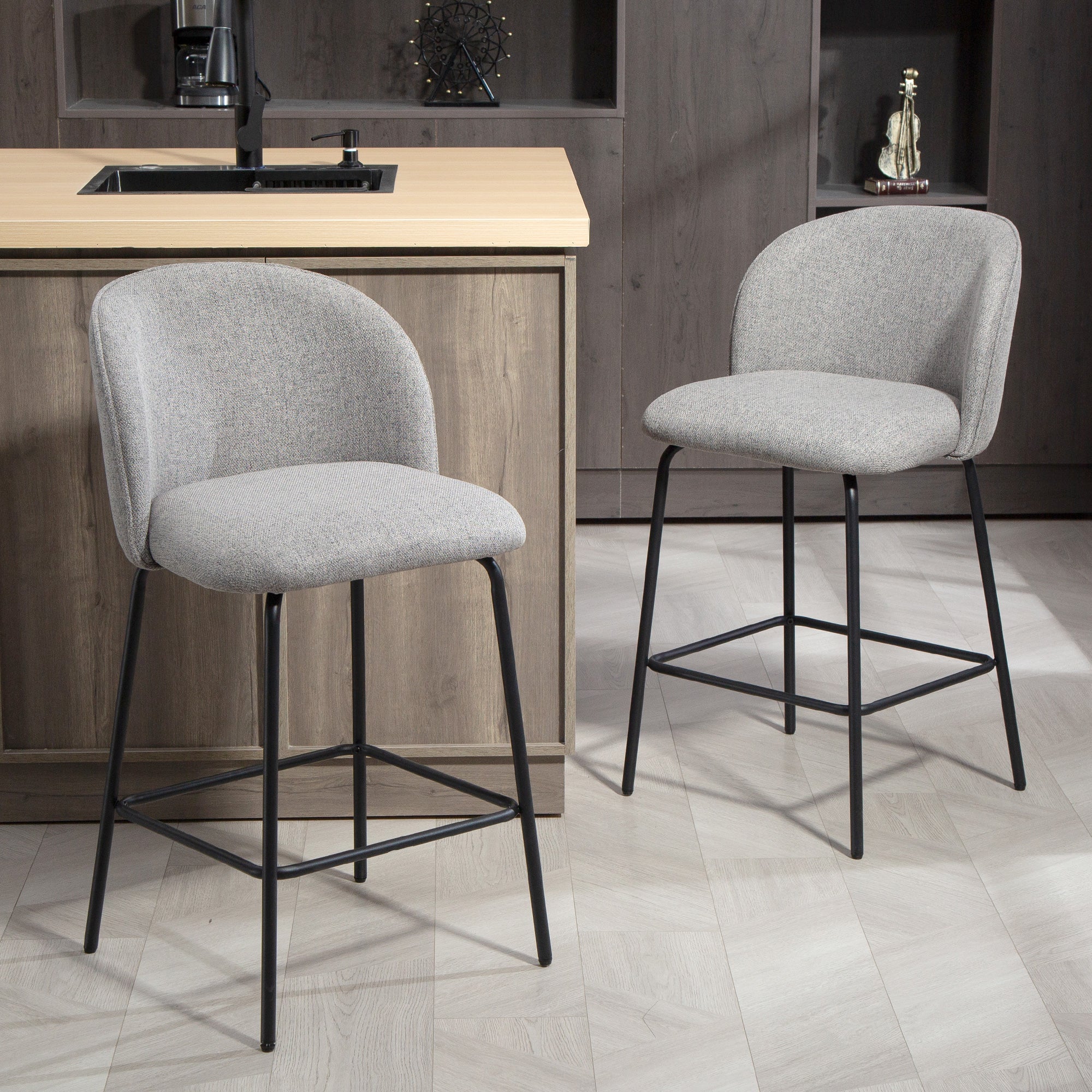 Bar Stools Set of 2, 27" Counter Height Barstools with Backrest, Upholstered Linen Bar Chairs with Footrest and Steel Legs for Kitchen Island, Dining Room, Dark Grey