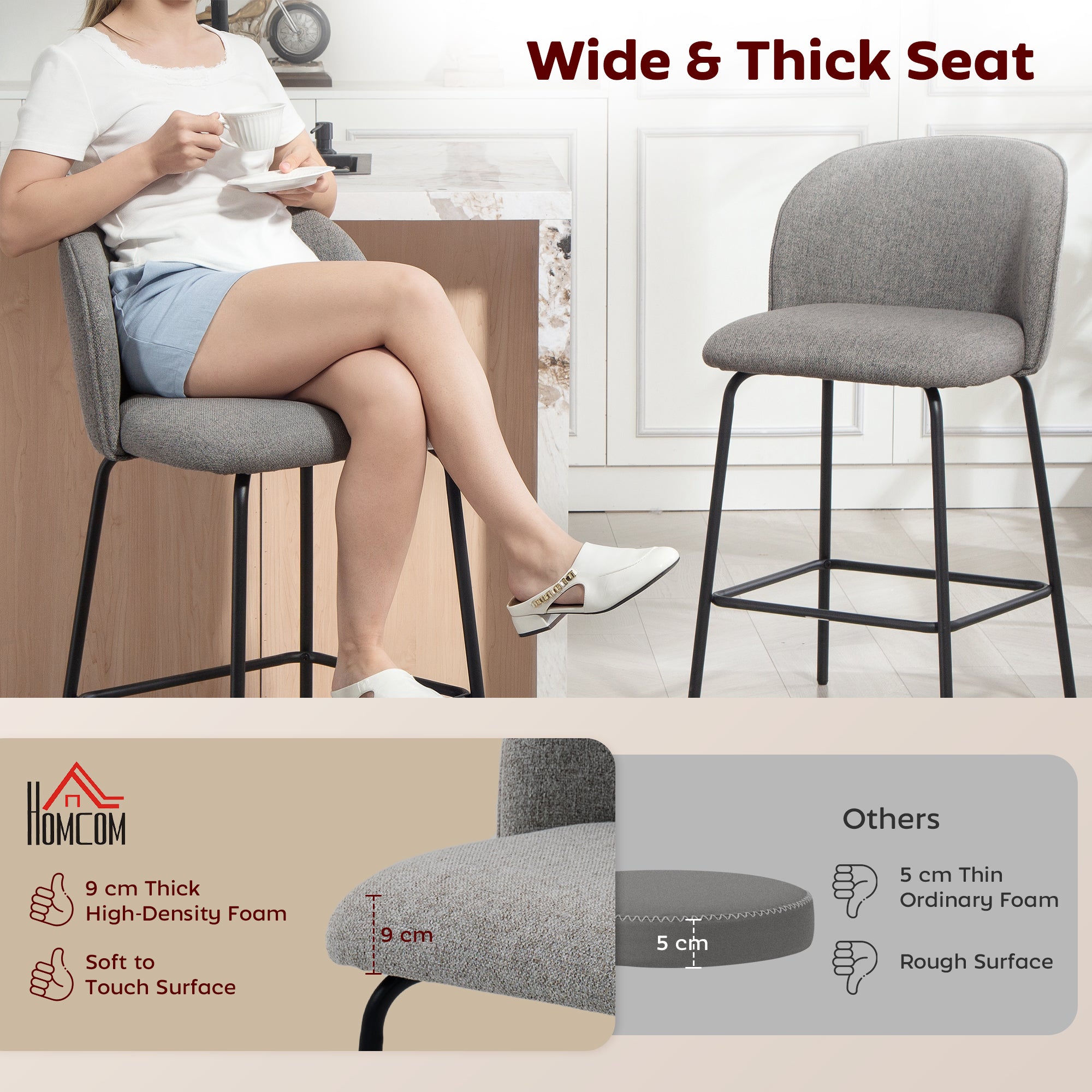 Bar Stools Set of 2, 27" Counter Height Barstools with Backrest, Upholstered Linen Bar Chairs with Footrest and Steel Legs for Kitchen Island, Dining Room, Dark Grey