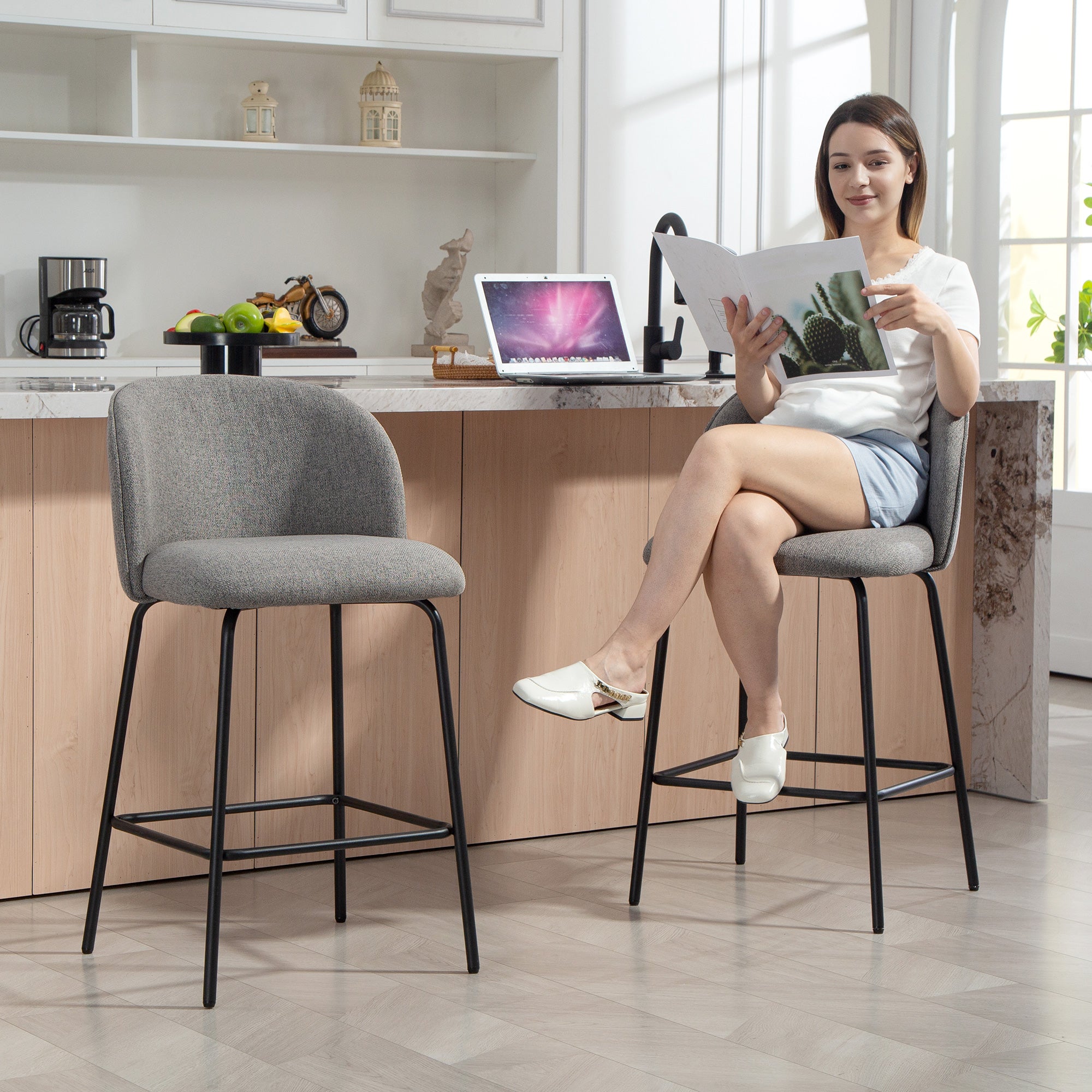 Bar Stools Set of 2, 27" Counter Height Barstools with Backrest, Upholstered Linen Bar Chairs with Footrest and Steel Legs for Kitchen Island, Dining Room, Dark Grey