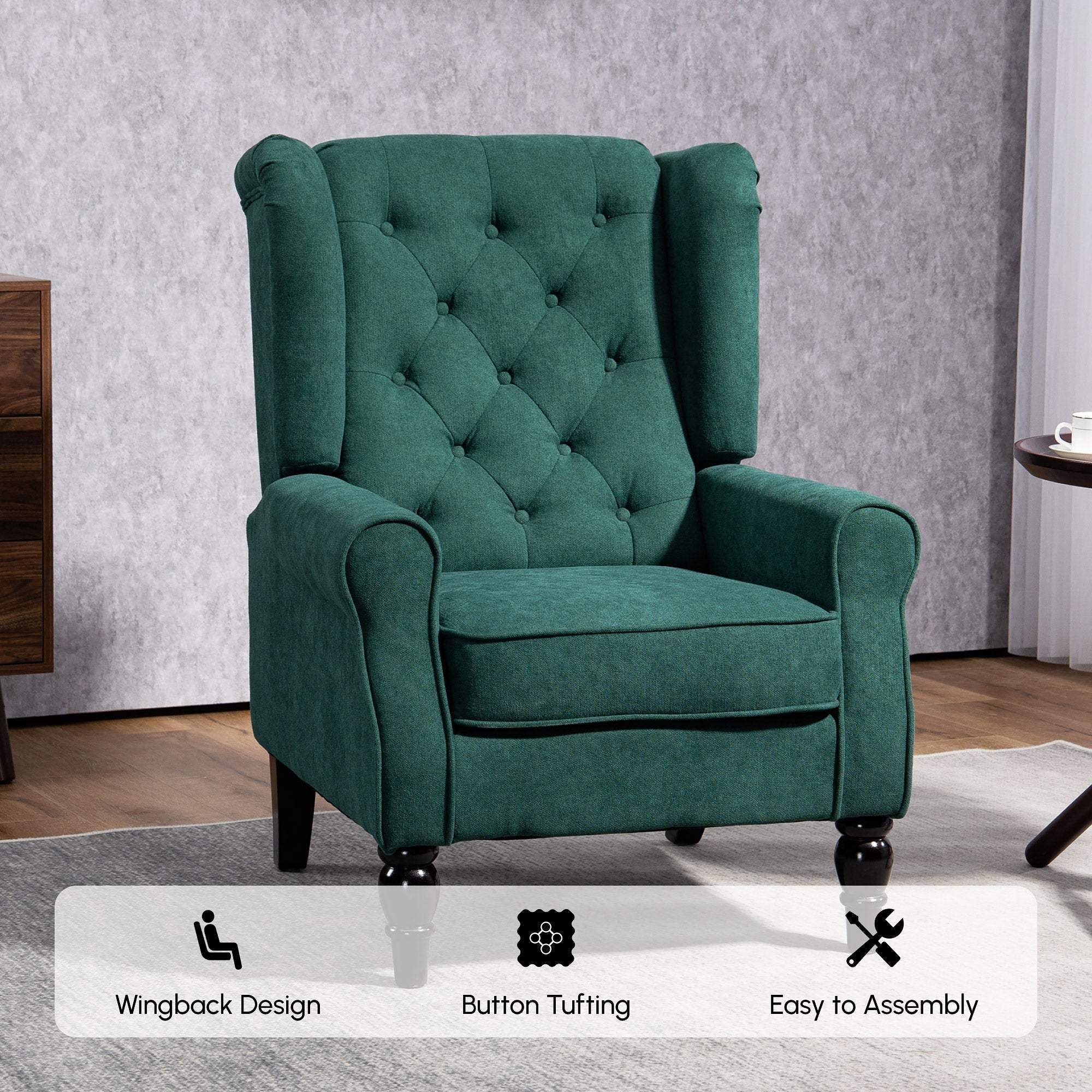 Mid-Century Accent Chair w/ High Wingback, Button-Tufted Fabric & Retro Wood Legs, Dark Green