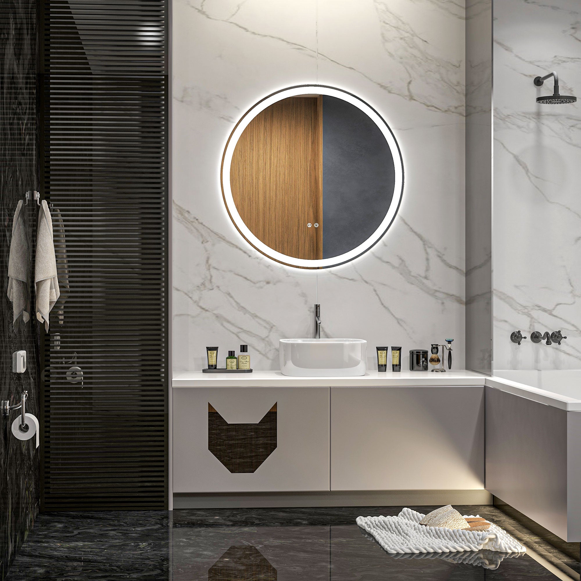 kleankin Round Bathroom Mirror with LED Lights, Wall Mount Dimmable Makeup Mirror with 3 Temperature Colours, Defogging Film and Memory Function, Frameless, Hardwired, 70 x 70 cm