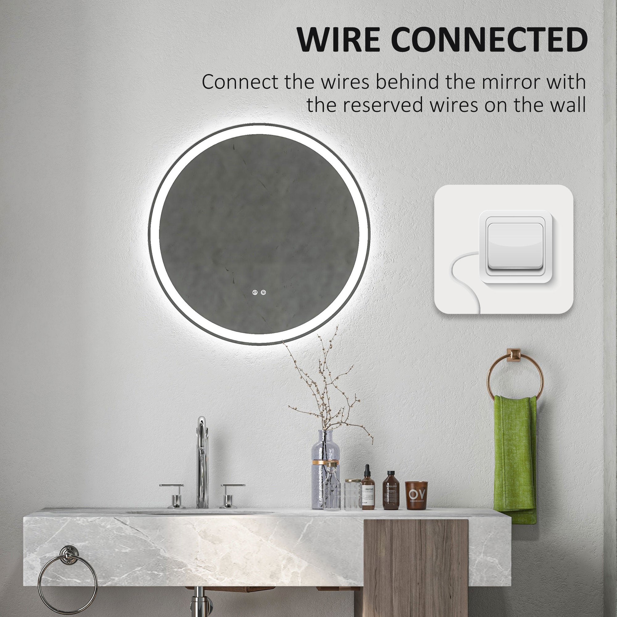 kleankin Round Bathroom Mirror with LED Lights, Wall Mount Dimmable Makeup Mirror with 3 Temperature Colours, Defogging Film and Memory Function, Frameless, Hardwired, 70 x 70 cm