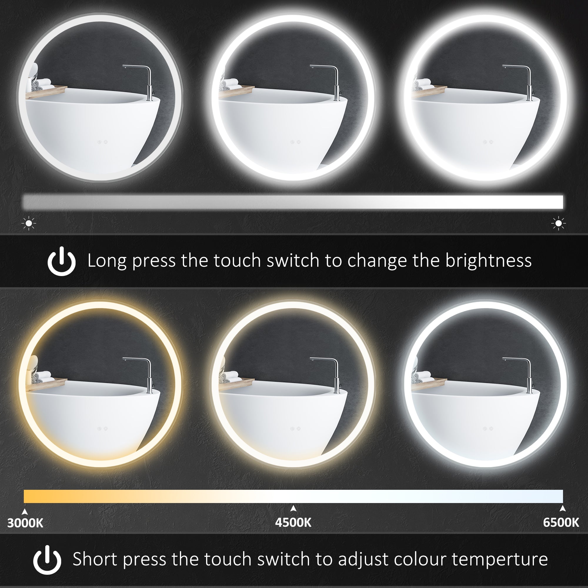 kleankin Round Bathroom Mirror with LED Lights, Wall Mount Dimmable Makeup Mirror with 3 Temperature Colours, Defogging Film and Memory Function, Frameless, Hardwired, 70 x 70 cm