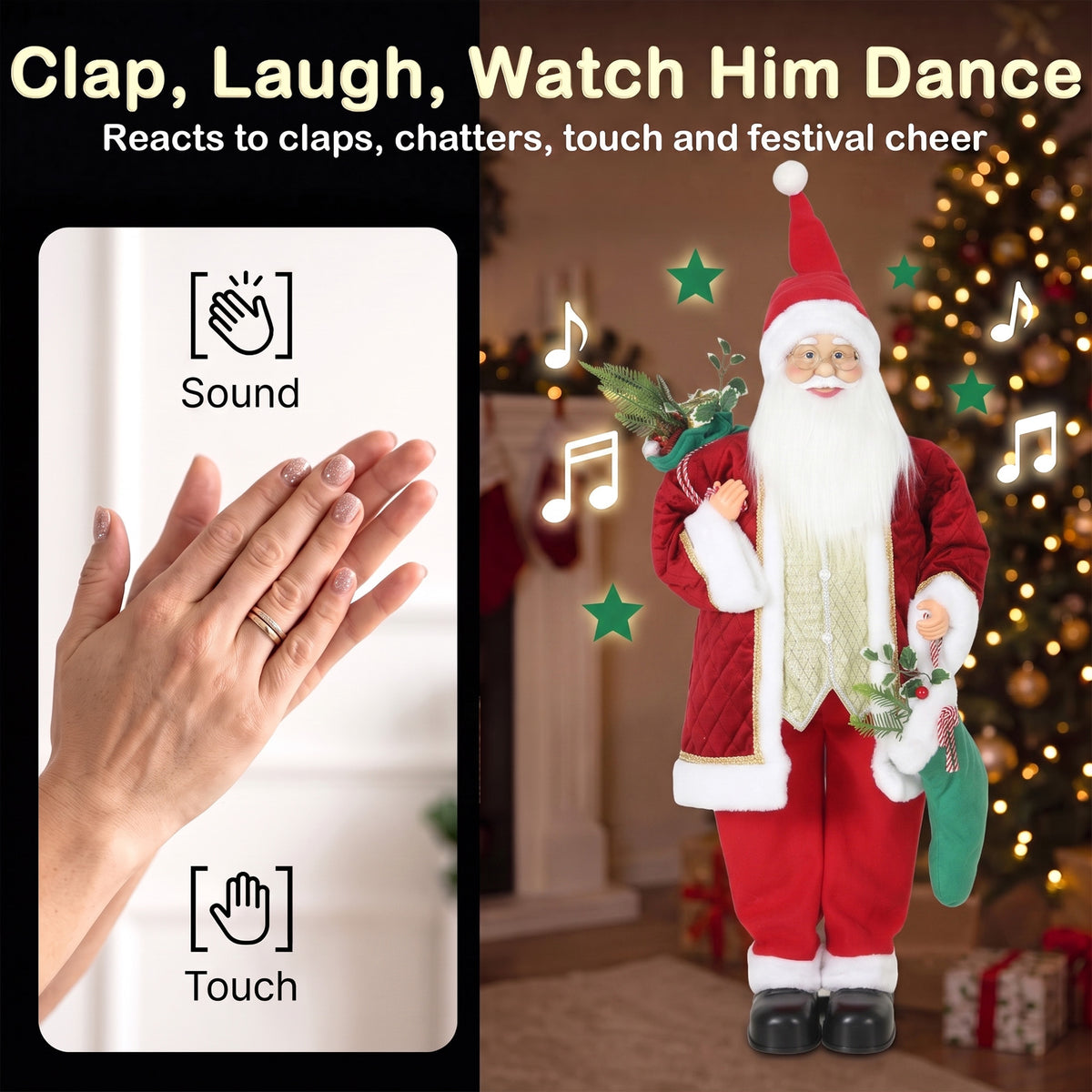 4ft Life Size Singing Dancing Santa Claus, 120 cm Standing Musical Animated Santa with Stocking, Sack, Posable Arms, Handcrafted, Sound Touch Activated, Moving Christmas Figure Decor