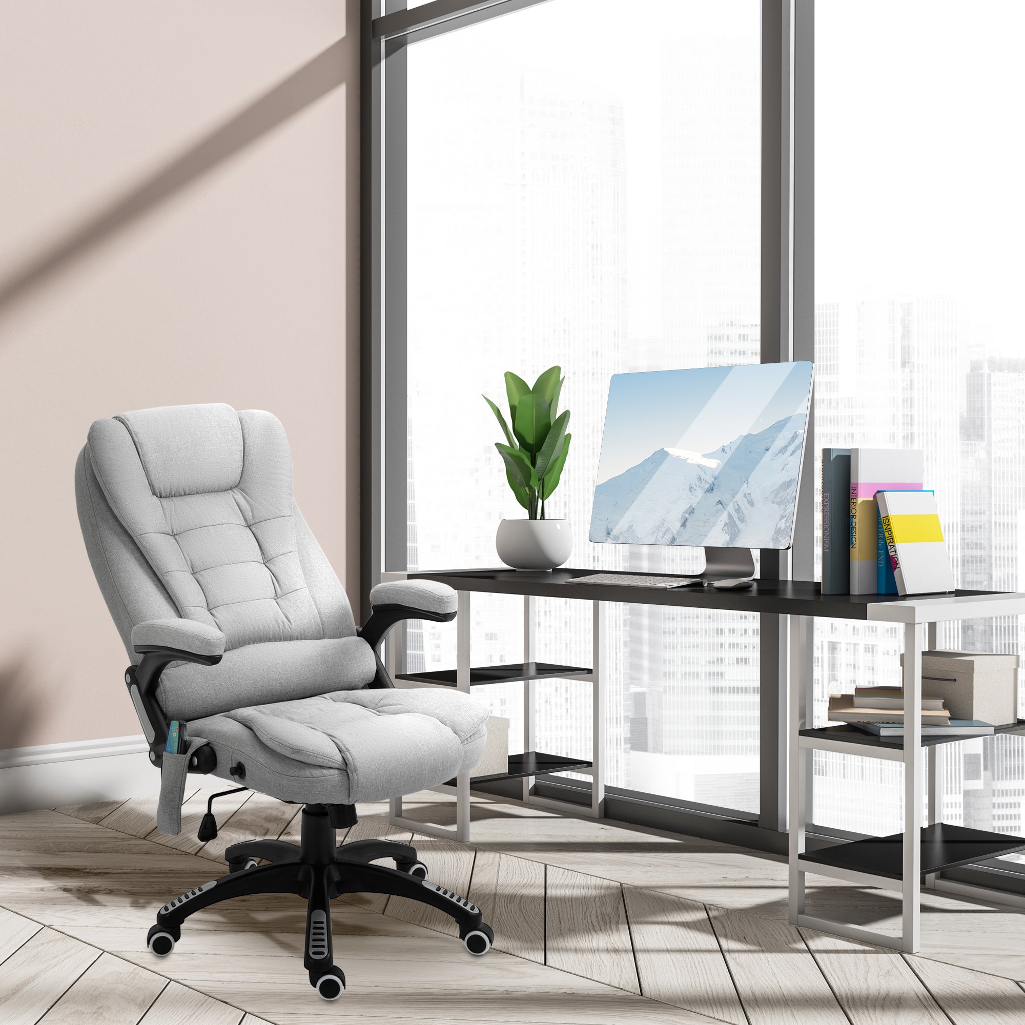 Vinsetto Office Chair, Ergonomic Desk Chair with 6-Point Massage and Back Heated, Linen-Feel Fabric Computer Gaming Chair with Arms, Lumbar Support, Light Grey