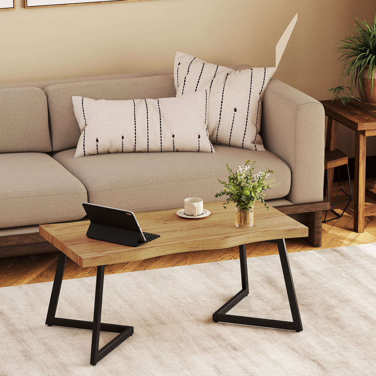 Modern Coffee Table, Living Room Table with Curved Thick Top and Metal Legs for Living Room, Bedroom, Office, 39.4" x 19.7" x 17.7", Oak