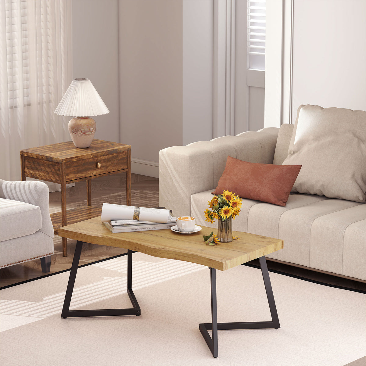 Modern Coffee Table, Living Room Table with Curved Thick Top and Metal Legs for Living Room, Bedroom, Office, 39.4" x 19.7" x 17.7", Oak