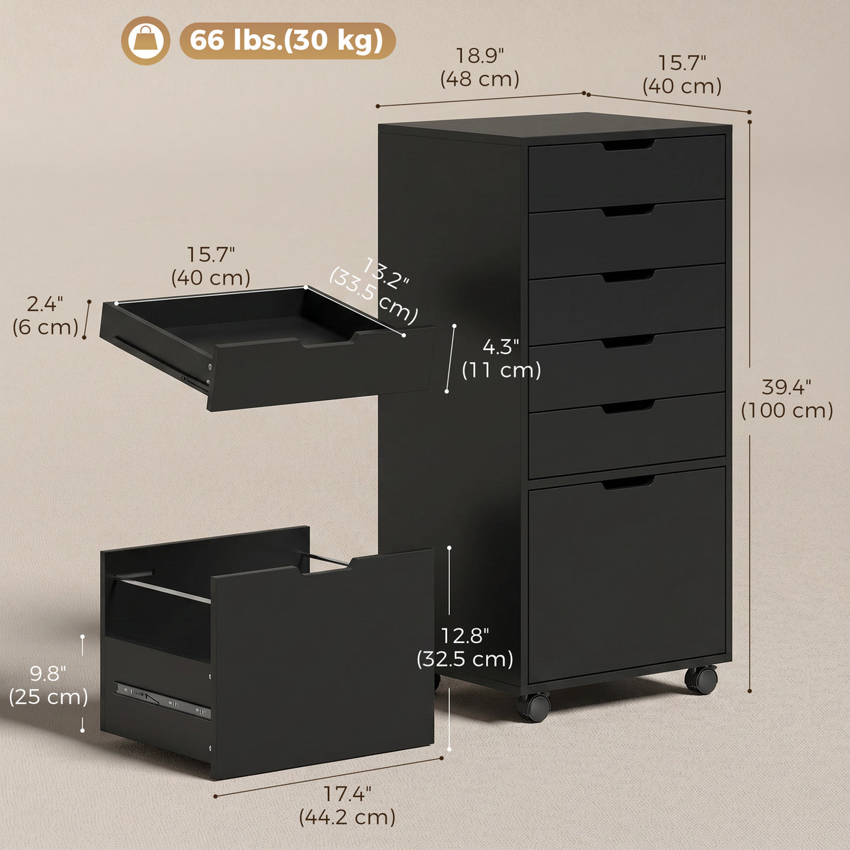 5 Drawer Vertical File Cabinet with Lockable Wheels, Filing Cabinet for Home Office, Printer Stand with Adjustable Hanging Bars For A4, Letter, legal File Folders, Black