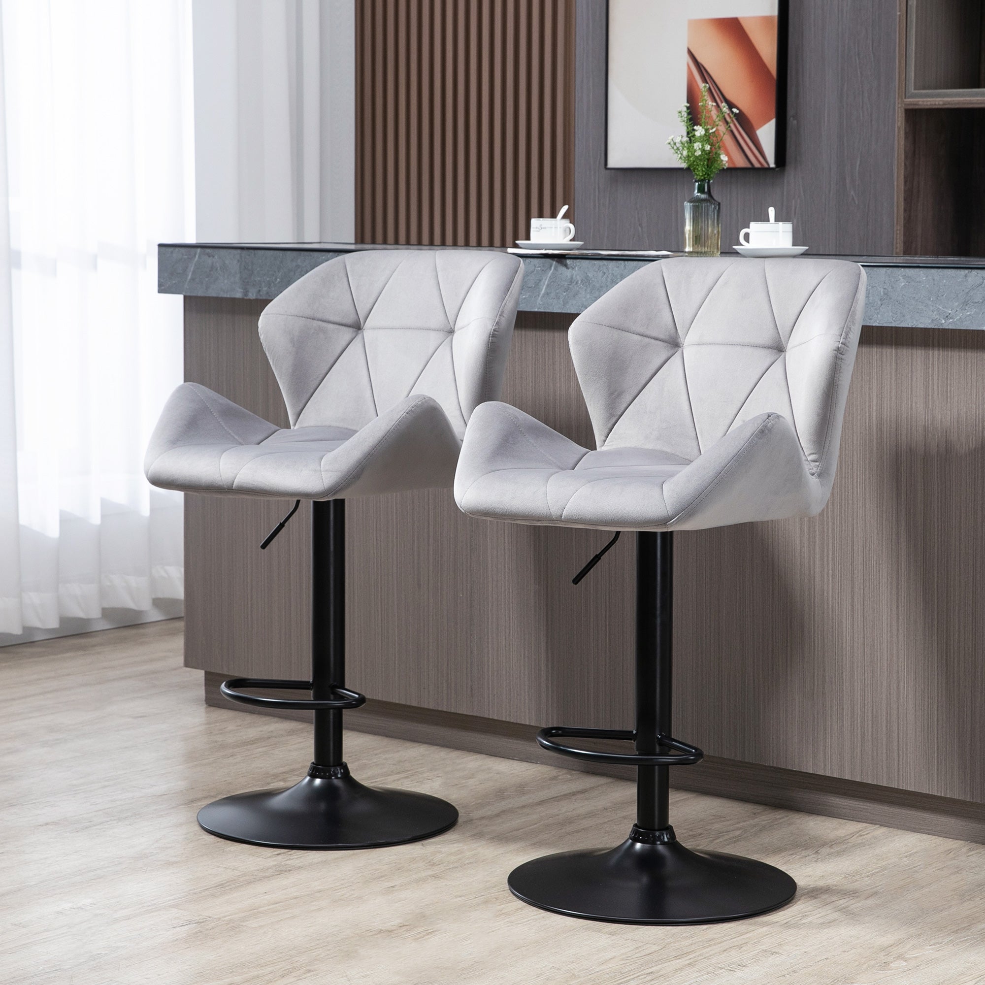 HOMCOM Bar Stools Set Of 2, Luxurious Velvet-Touch Barstools with Metal Frame Footrest Round Base Triangle Indenting Moulded Seat Adjustable Height Swivel Grey