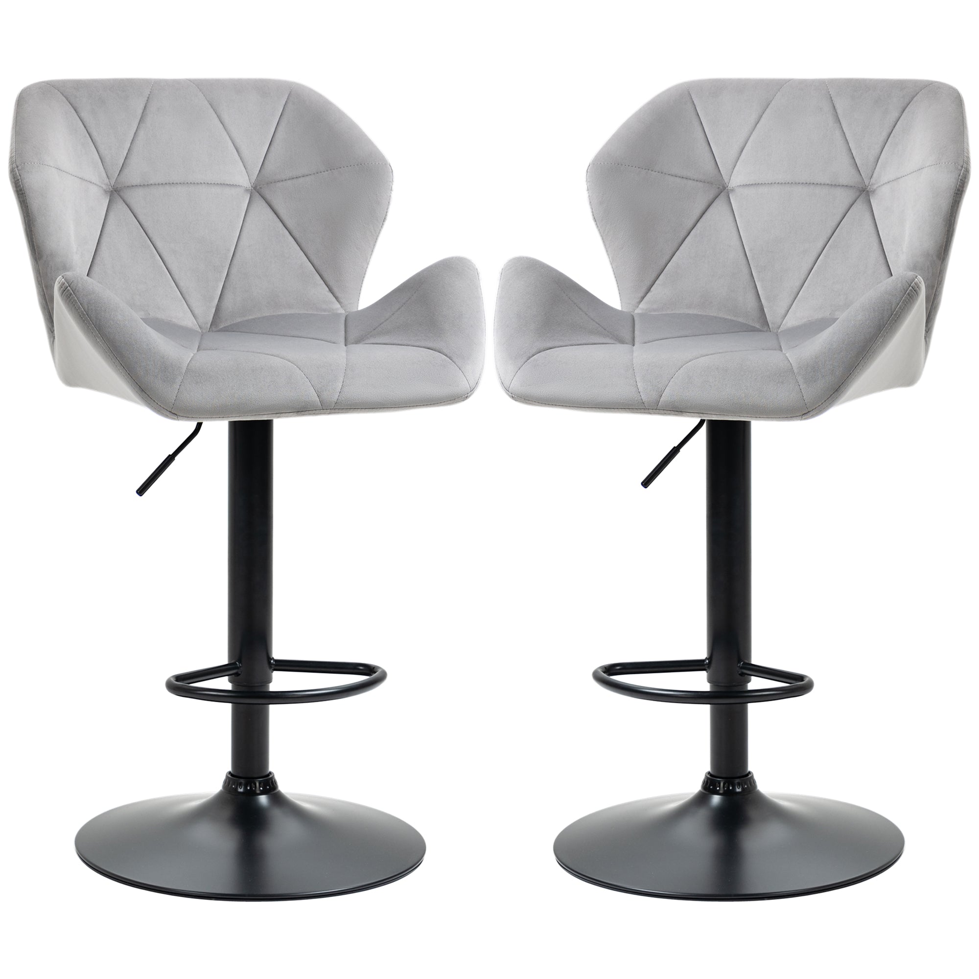 HOMCOM Bar Stools Set Of 2, Luxurious Velvet-Touch Barstools with Metal Frame Footrest Round Base Triangle Indenting Moulded Seat Adjustable Height Swivel Grey