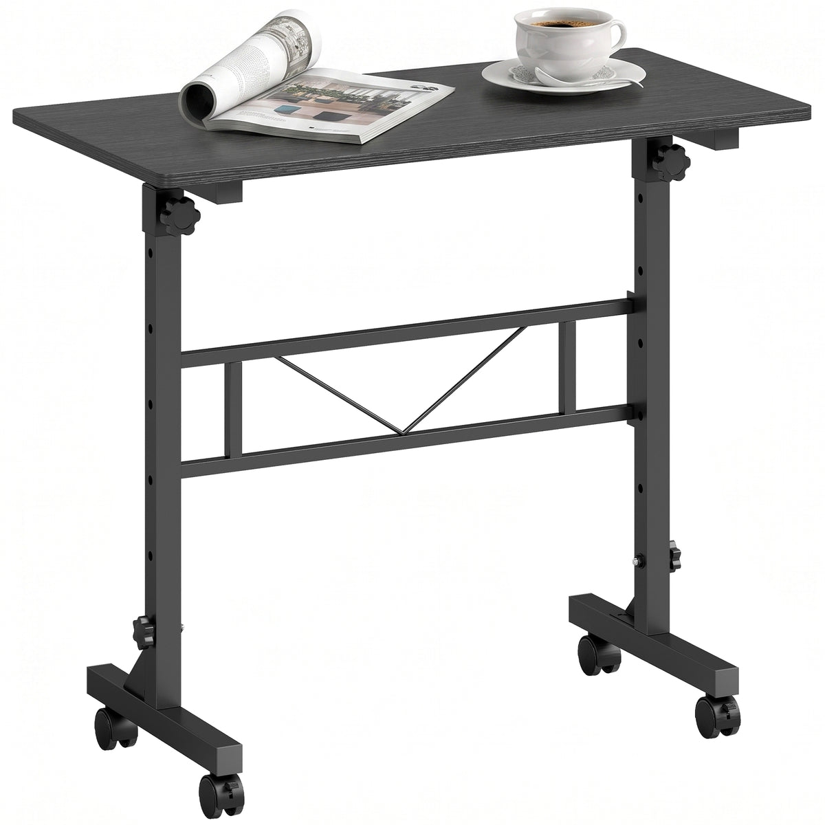 Overbed Table With Wheels and Brakes, Adjustable Height Laptop Desk, Portable Hospital Bed Table with Steel Frame for Living Room, Bedroom and Study, Black